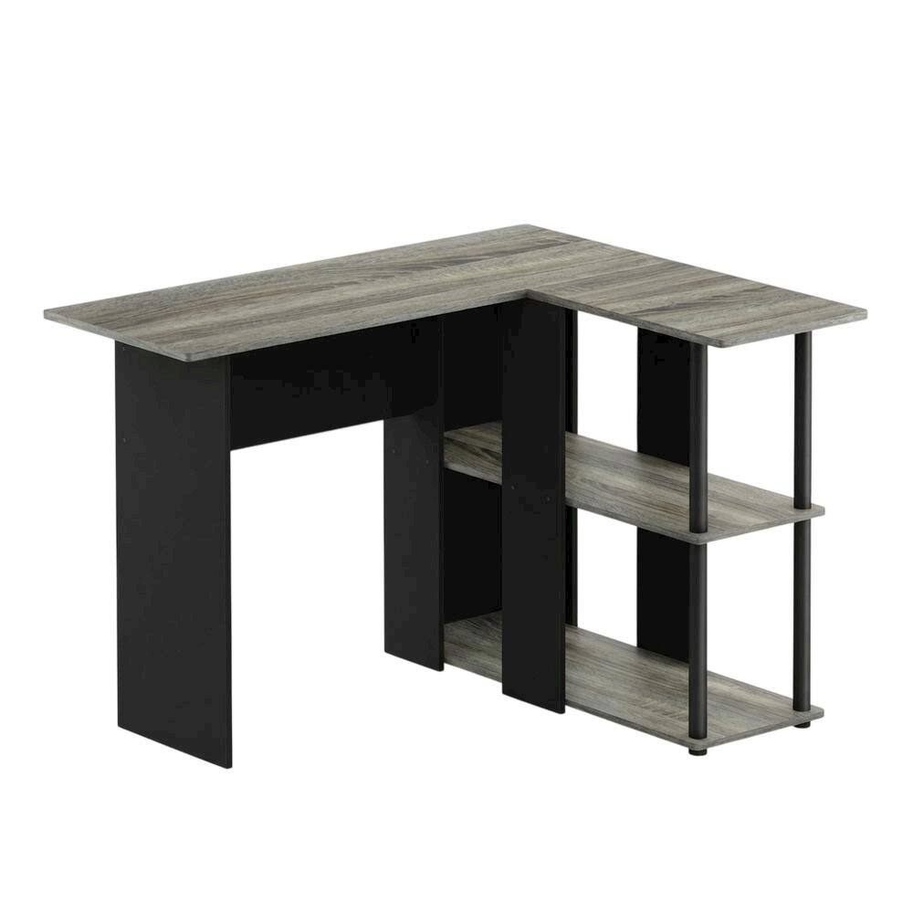 Front. BisonOffice - L-Shape Desk with Bookshelf, French Oak Grey/Black, Modern Computer Workstation - French Oak Grey/Black.