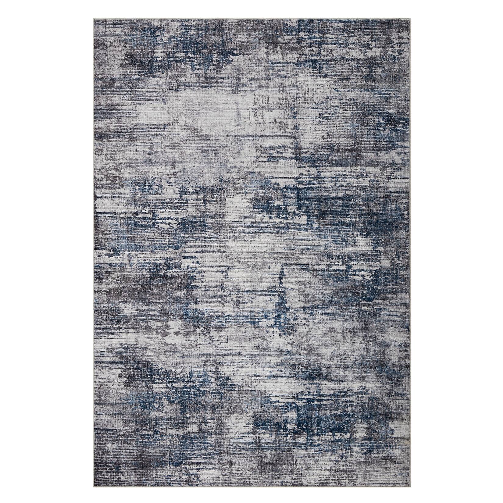 Front. Acekool - Abstract Distressed Area Rug - Industrial Vintage Machine Washable Non-Slip Rug - Navy.