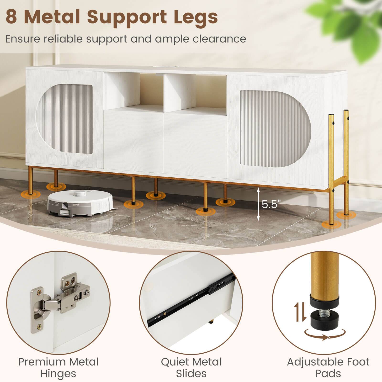 8 Metal Support Legs  
Ensure reliable support and ample clearance

5.5" clearance

Premium Metal Hinges

Quiet Metal Slides

Adjustable Foot Pads