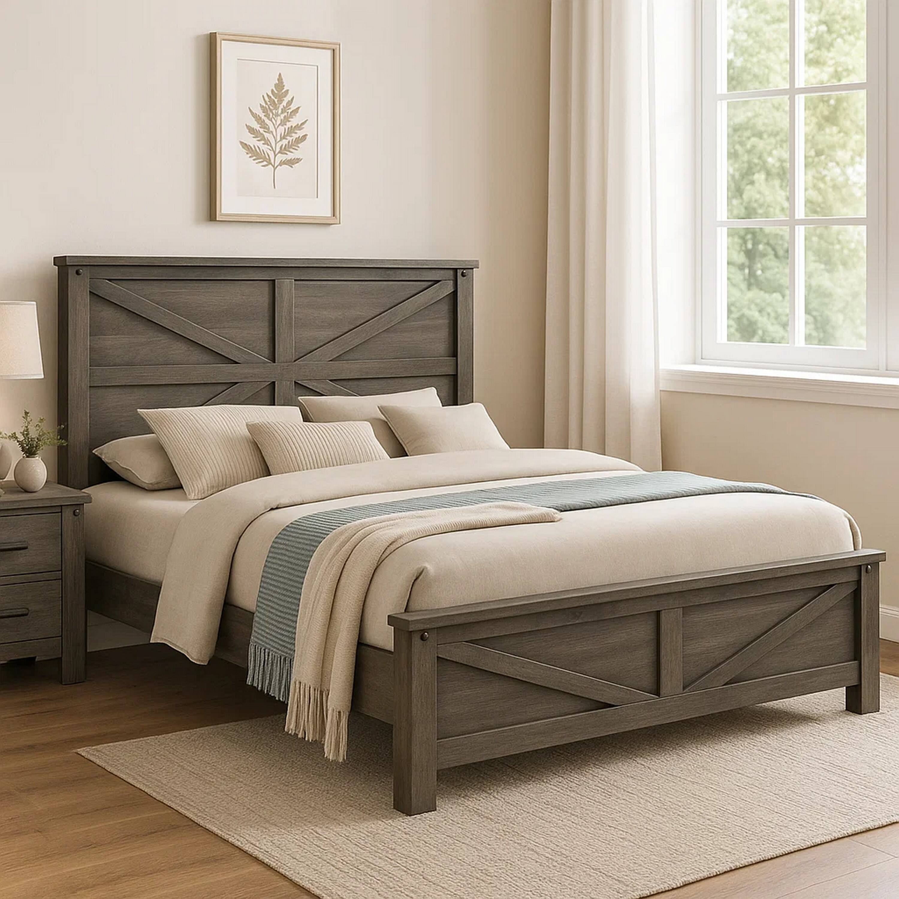 Alt View 6. Manhattan Lane - Bry Queen Size Bed w Chevron Panel Headboard, Rustic Gray Wood Frame - Rustic Gray.