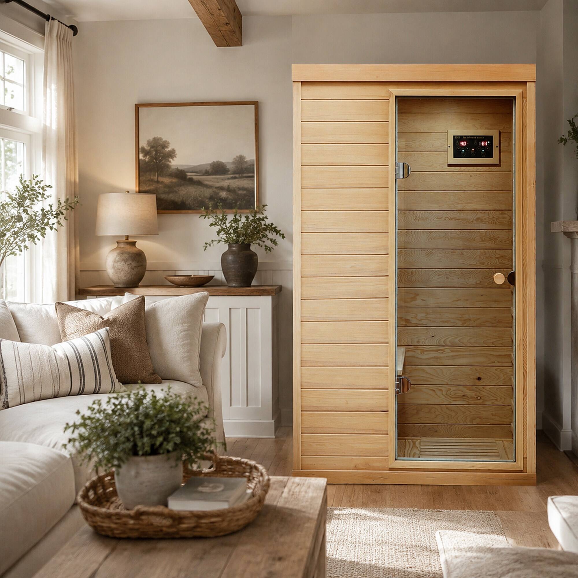 Alt View 1. RYHNUYNE - Hemlock Mini 1-Person Far Infrared Sauna, Right-Hinged Door, 1050W, 6 Heating Panels, Indoor - Natural.