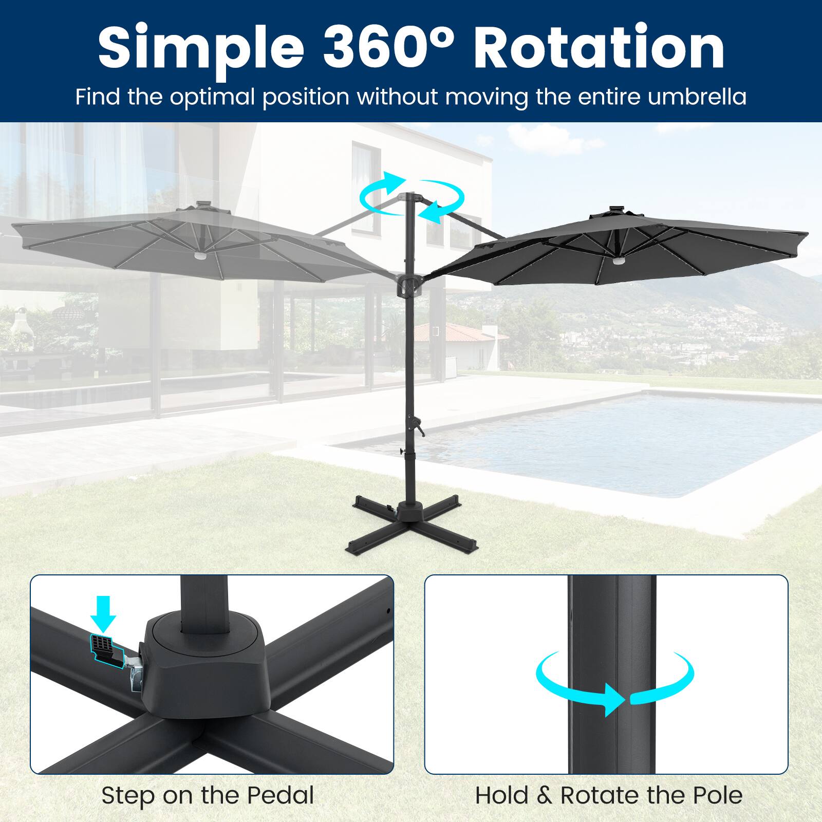 Simple 360° Rotation  
Find the optimal position without moving the entire umbrella  

Step on the Pedal  
Hold & Rotate the Pole