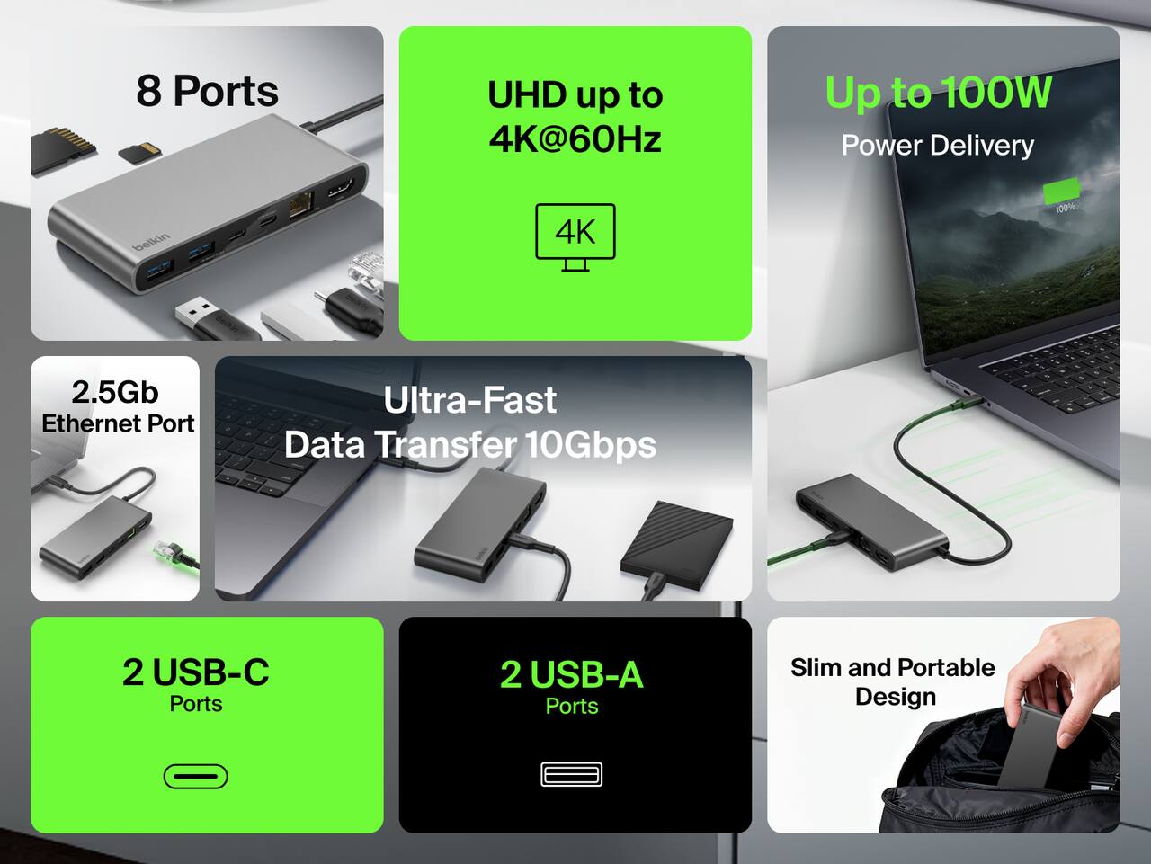 8 Ports  
UHD up to 4K@60Hz  
Up to 100W Power Delivery  
2.5Gb Ethernet Port  
Ultra-Fast Data Transfer 10Gbps  
2 USB-C Ports  
2 USB-A Ports  
Slim and Portable Design