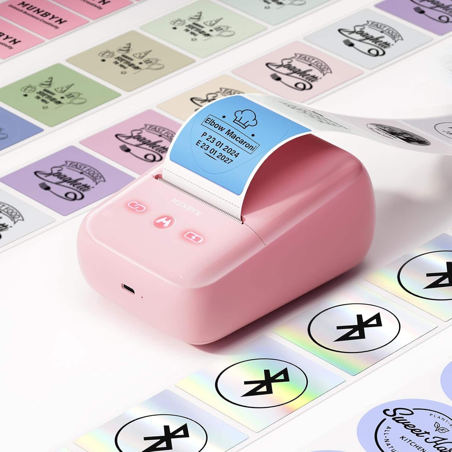 Sure, here is the corrected and grouped text from the image:

**Top Left:**
- MUNBYN
- Creativity
- Sanghetti
- Elbow Macaroni
- P 23 01 01 2024
- E 23 01 2027

**Top Right:**
- Sweet Plant Kitchen

**Bottom Left:**
- MUNBYN
- Macaroni
- P 23 01 01 2024
- E 23 01 2027

**Bottom Right:**
- Sweet Plant Kitchen
- ALL-NATURAL

**Stickers:**
- Sanghetti
- Elbow Macaroni
- MUNBYN
- MUNBYN
- MUNBYN
- MUNBYN

**Other Text:**
- MUNBYN
- MUNBYN
- MUNBYN
- MUNBYN