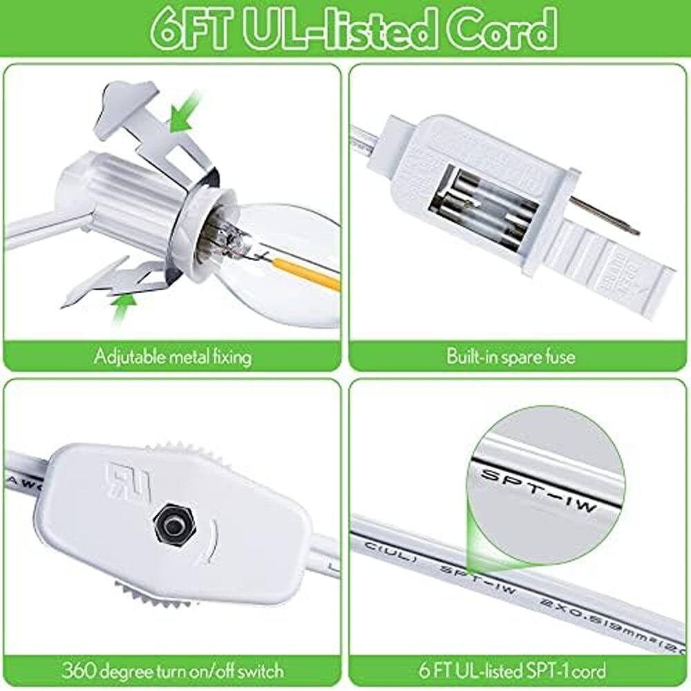 6FT UL-listed Cord

- Adjustable metal fixing
- Built-in spare fuse
- 360 degree turn on/off switch
- 6 FT UL-listed SPT-1 cord