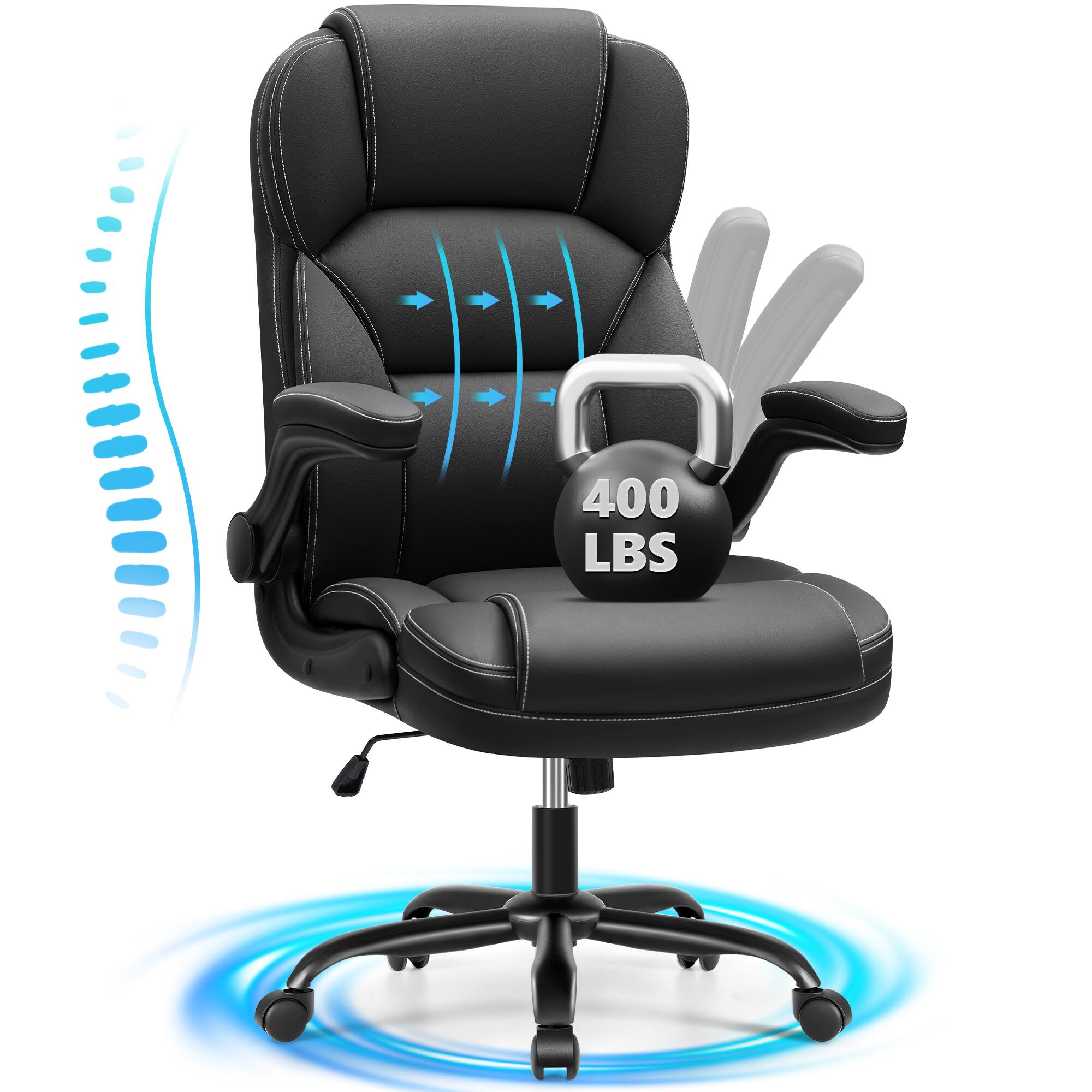 Brick Attic - PU Leather Executive Office Chair with Flip-Up Armrests, Ergonomic High-Back Gaming Chair with Adjustable Height - Black