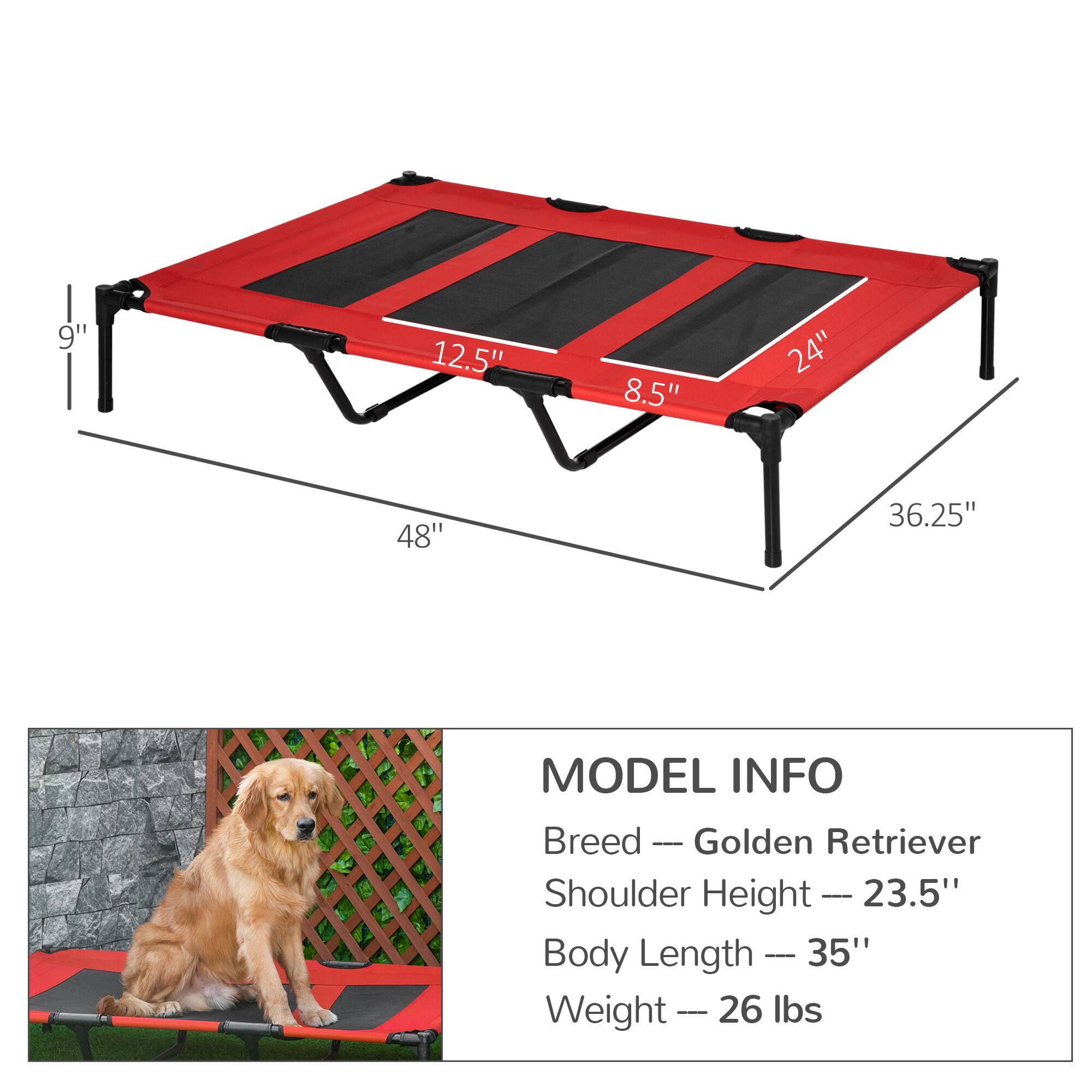 9"  
12.5"  
8.5"  
24"  
48"  
36.25"  

MODEL INFO  
Breed — Golden Retriever  
Shoulder Height — 23.5"  
Body Length — 35"  
Weight — 26 lbs