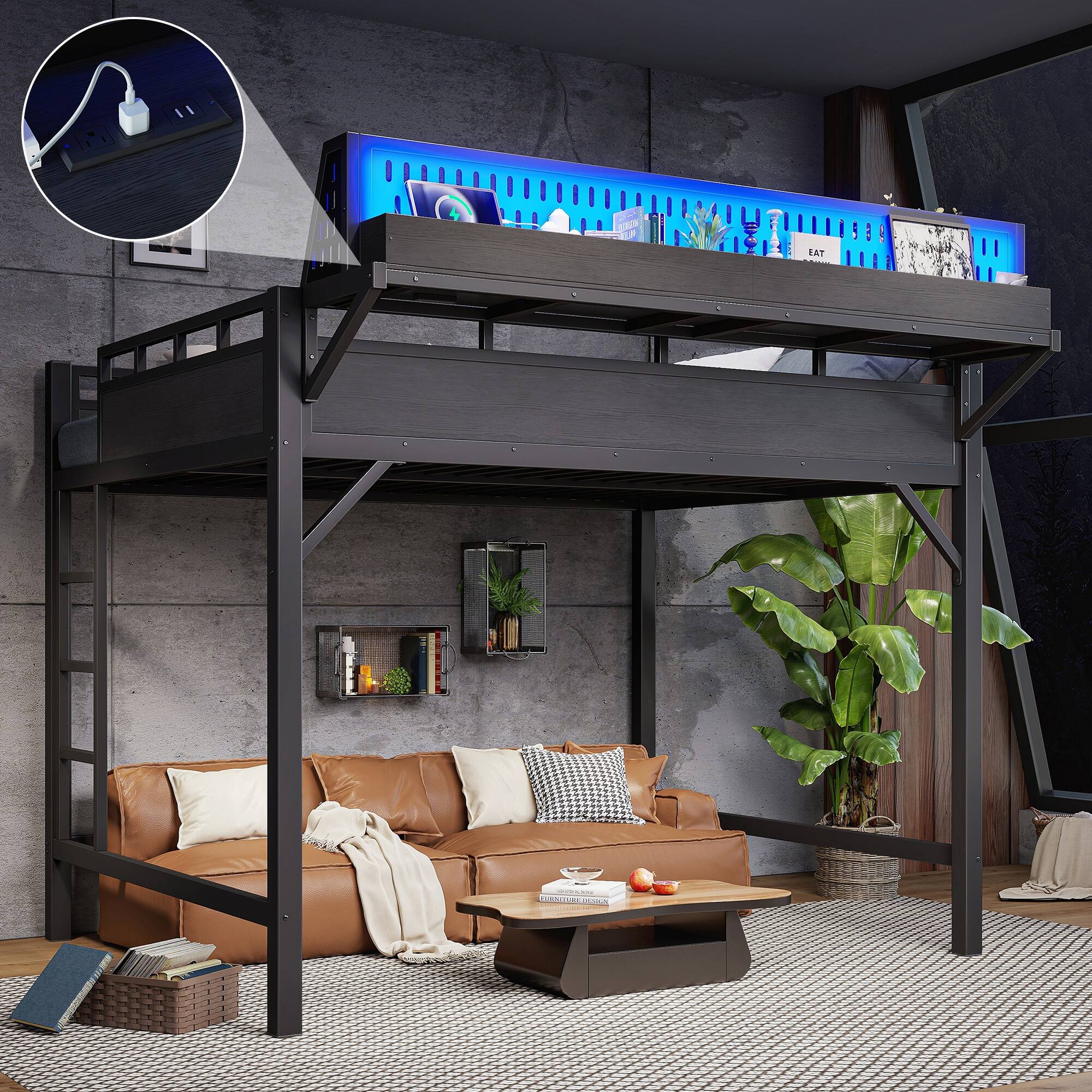 Alt View 1. Boyel Living - Queen Size Loft Bed Frame with Storage Shelves and Pegboard Metal Loft Bed - Black.