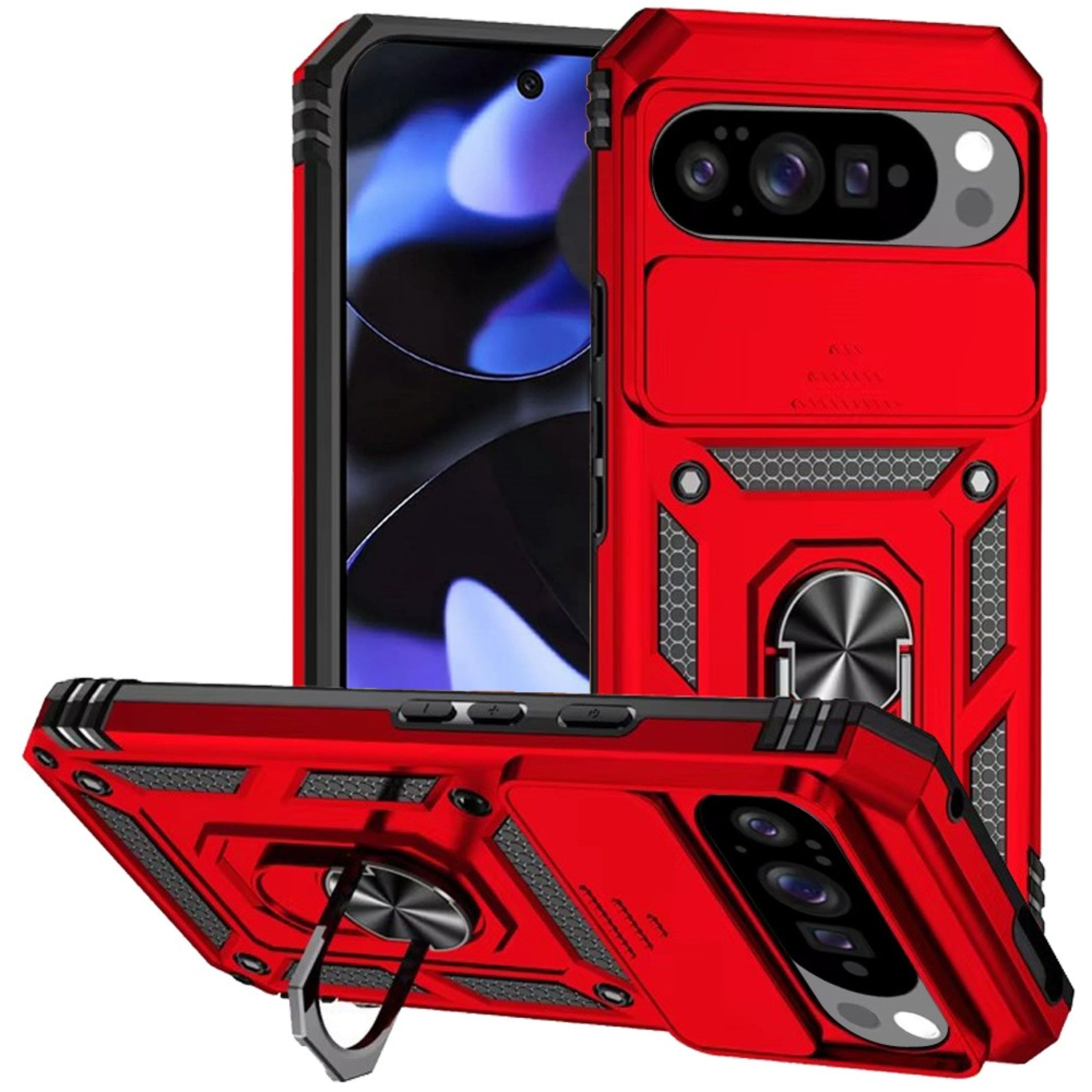 Kitcheniva - Premium Shockproof Ring Stand Camera Lens Cover With Tempered Glass For Google Pixel 10/10 Pro - Red