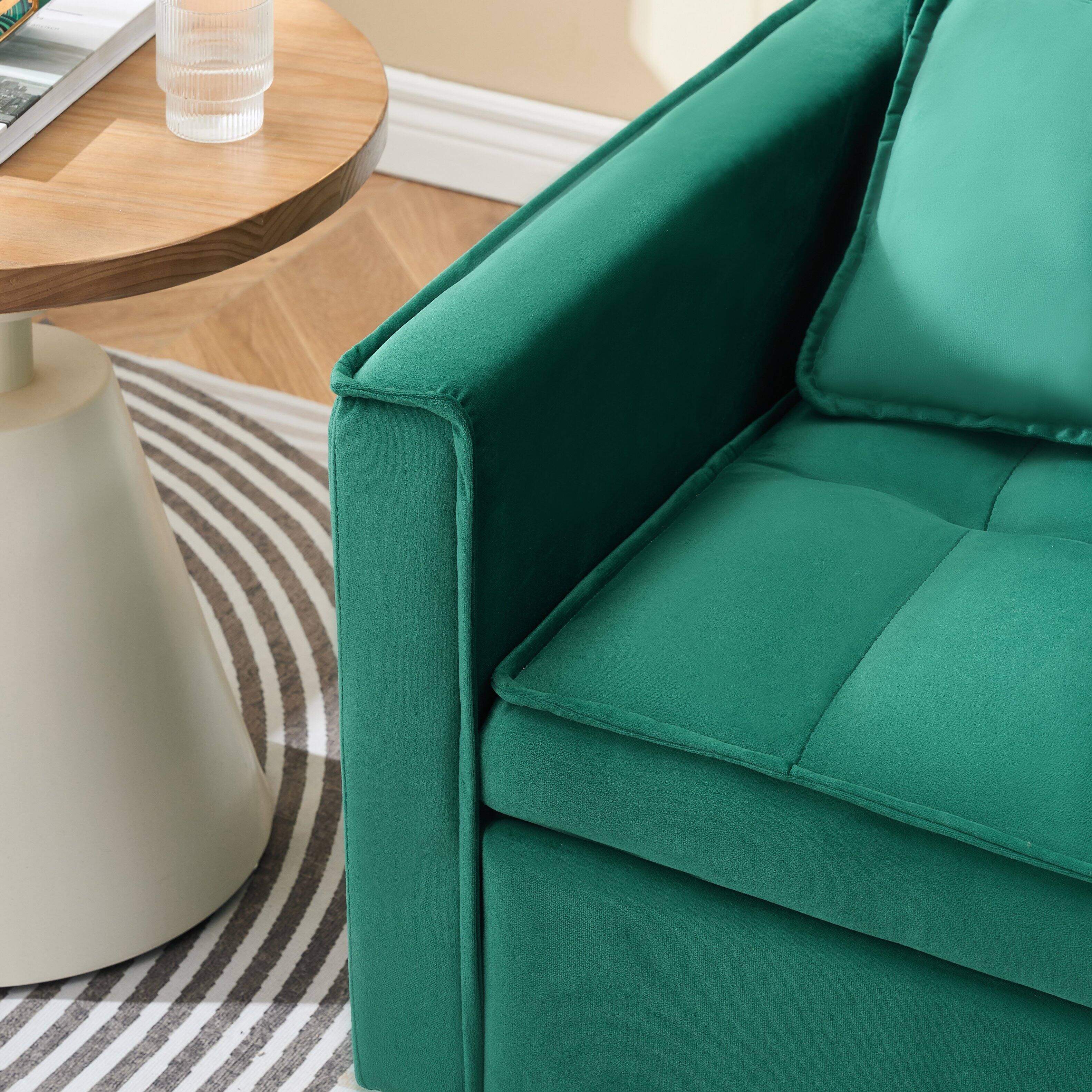 Angle. GOODSILO - Elegant 55-Inch Velvet Sofa Bed with Storage Pockets - Three-in-One Convertible Design - Green.
