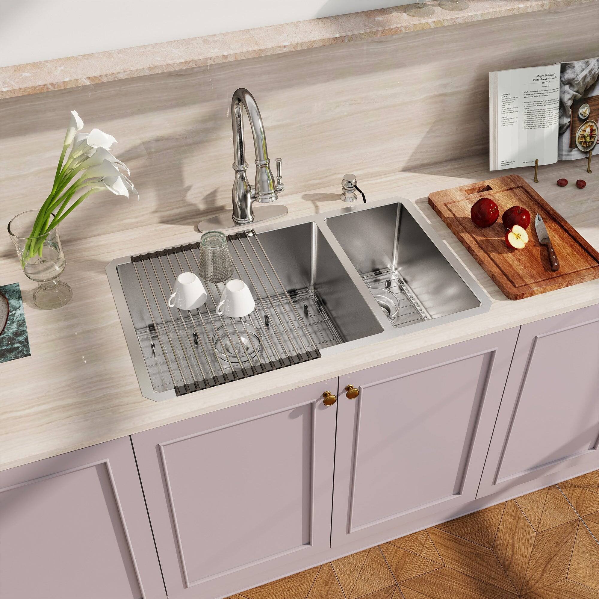 Alt View 4. Boyel Living - 32 in. Undermount 60/40 Double Bowl 18-Gauge Stainless Steel Kitchen Sink with Bottom Grids and Strainer Basket - Silver.