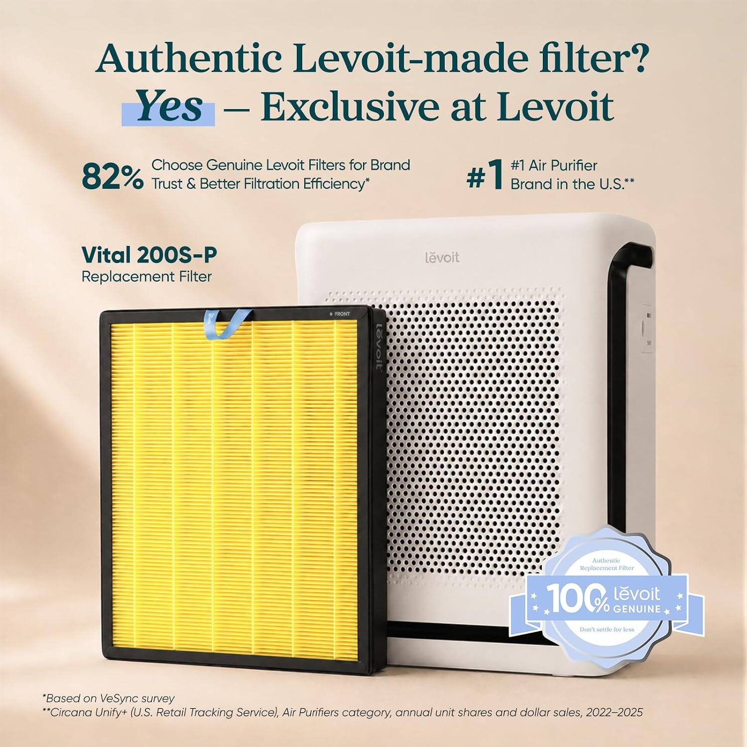 Authentic Levoit-made filter? Yes - Exclusive at Levoit

Choose Genuine Levoit Filters for Brand 82% Trust & Better Filtration Efficiency*
#1 Air Purifier #1 Brand in the U.S.**

Vital 200S-P Replacement Filter
FRONT

lovoit
lvoit

Authentic Replacement Filter 100% lvoit GENUINE Don't settle for less

*Based on VeSync survey
**Circana Unify+ (U.S. Retail Tracking Service), Air Purifiers category, annual unit shares and dollar sales, 2022-2025