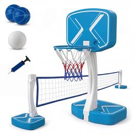 Costway - 2-in-1 Pool Basketball Hoop & Pool Volleyball Net with Weighted Base, 2 Basketballs - Blue + Red