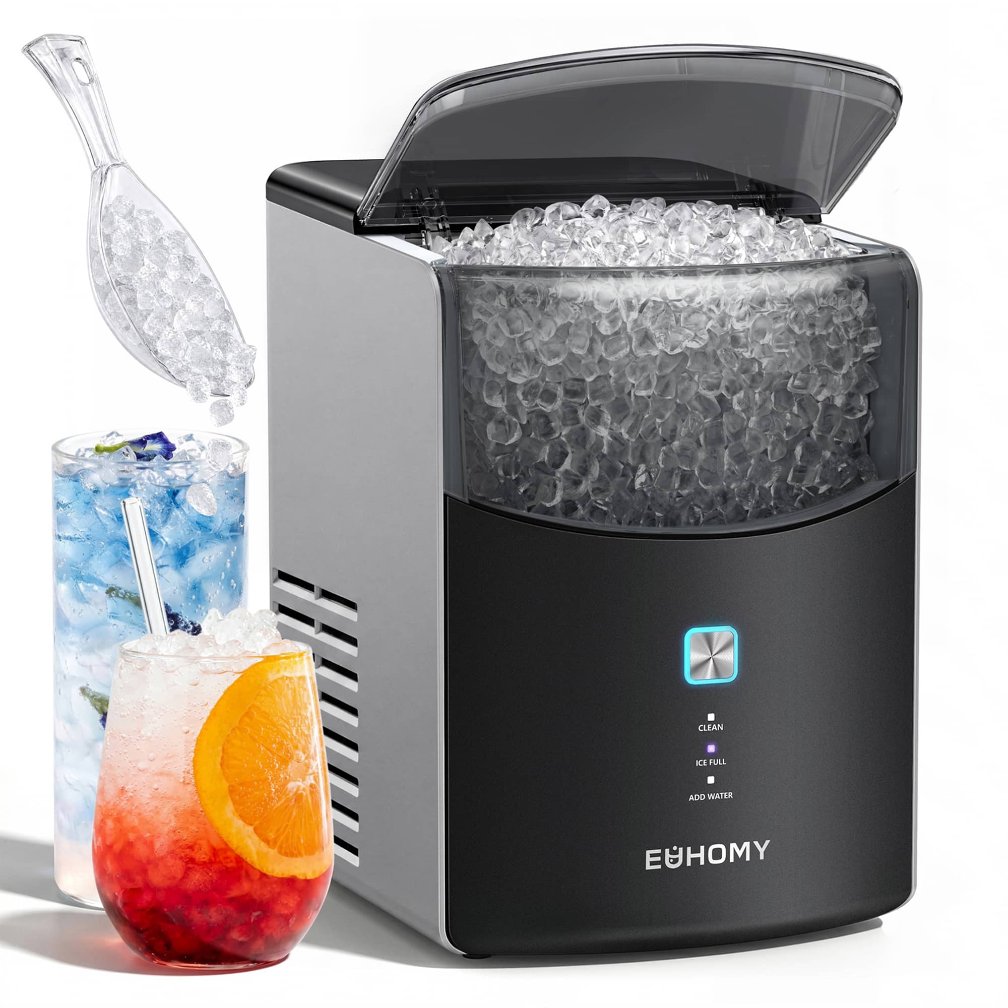 Euhomy - Nugget Ice Maker, Countertop Pebble Ice Machine, Ice Ready in 5 Min, 35lbs/24H, Dual-Pump Self Clean, Insulated Design - Black/Silver