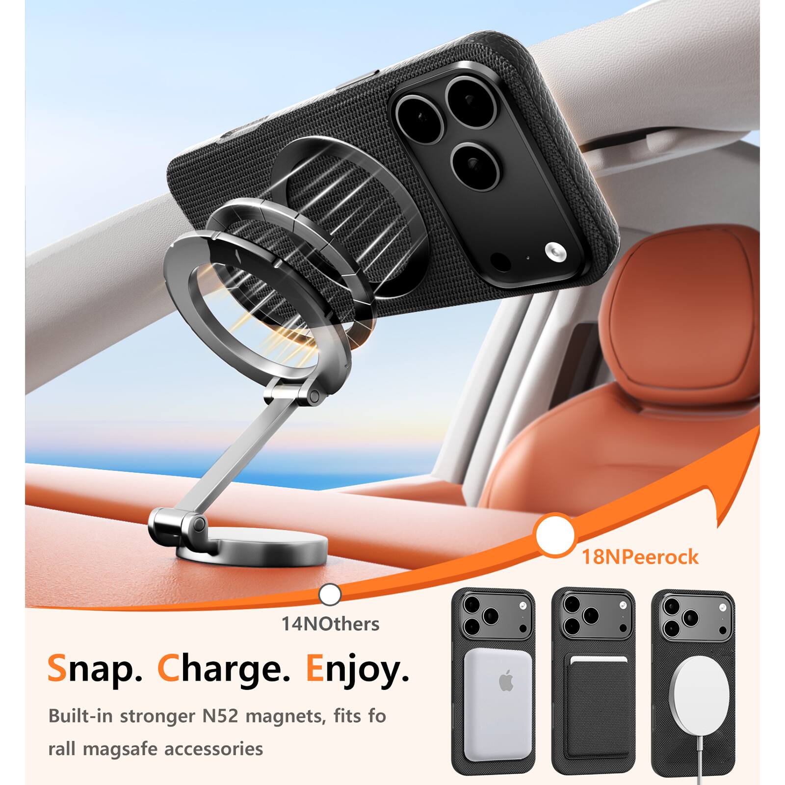 18NPeerock  
14NOthers  

Snap. Charge. Enjoy.  

Built-in stronger N52 magnets, fits for all magsafe accessories
