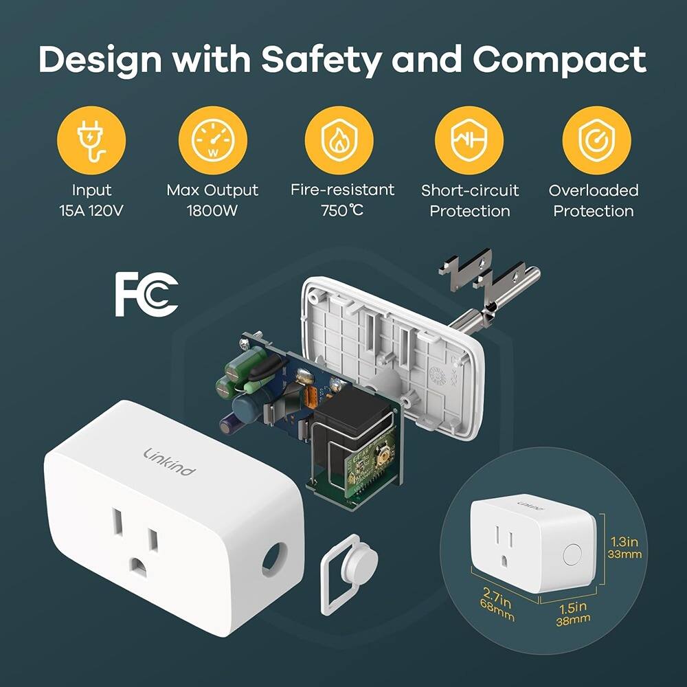 Design with Safety and Compact

- Input: 15A 120V
- Max Output: 1800W
- Fire-resistant: 750°C
- Short-circuit Protection
- Overloaded Protection

Dimensions:
- 1.3in (33mm) x 2.7in (68mm) x 1.5in (38mm)

FC

Linkind