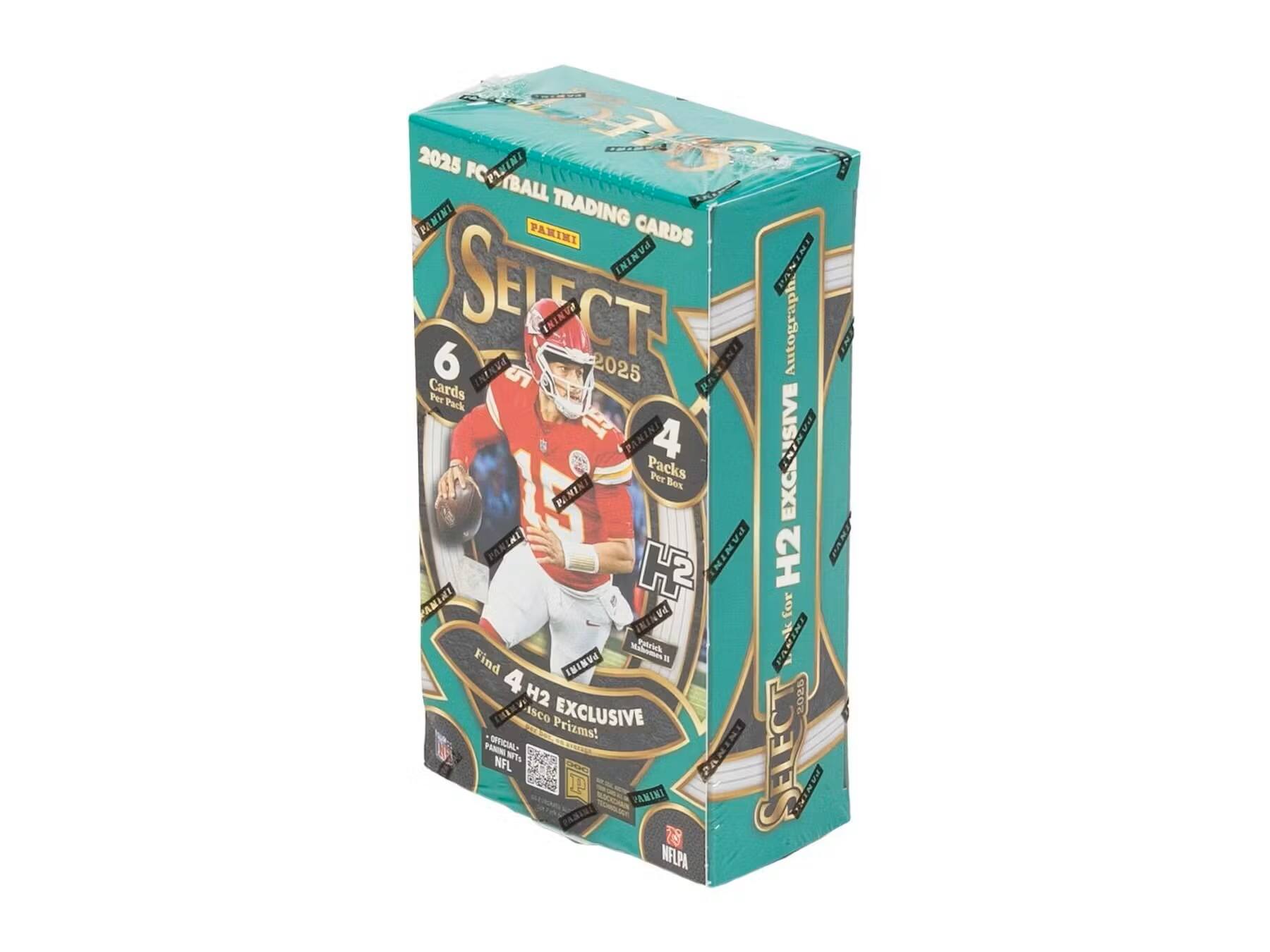 2025 FC PANINI FOOTBALL TRADING CARDS  
SELECT 2025  
6 Cards Per Pack  
4 Packs Per Box  
PANINI  
H2 EXCLUSIVE  
Find 4 H2 Exclusive Prizms!  
PANINI  
NFL  
PANINI  
NFLPA
