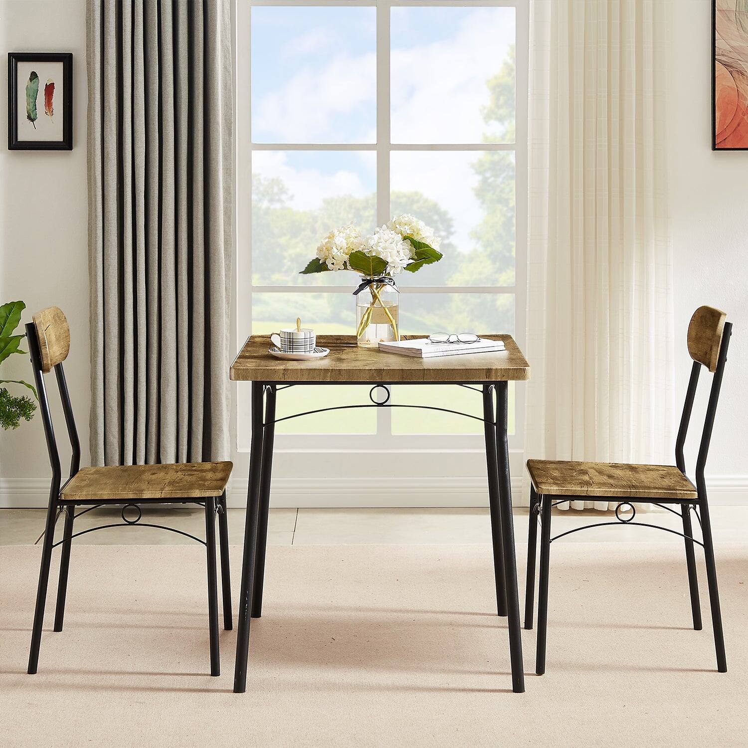 Alt View 3. Vecelo - 3 Piece Dining Set: 2-Person Table & Chairs - Metal Frame, Thick MDF Top, Space Saving Design, Easy Assembly - Brown.