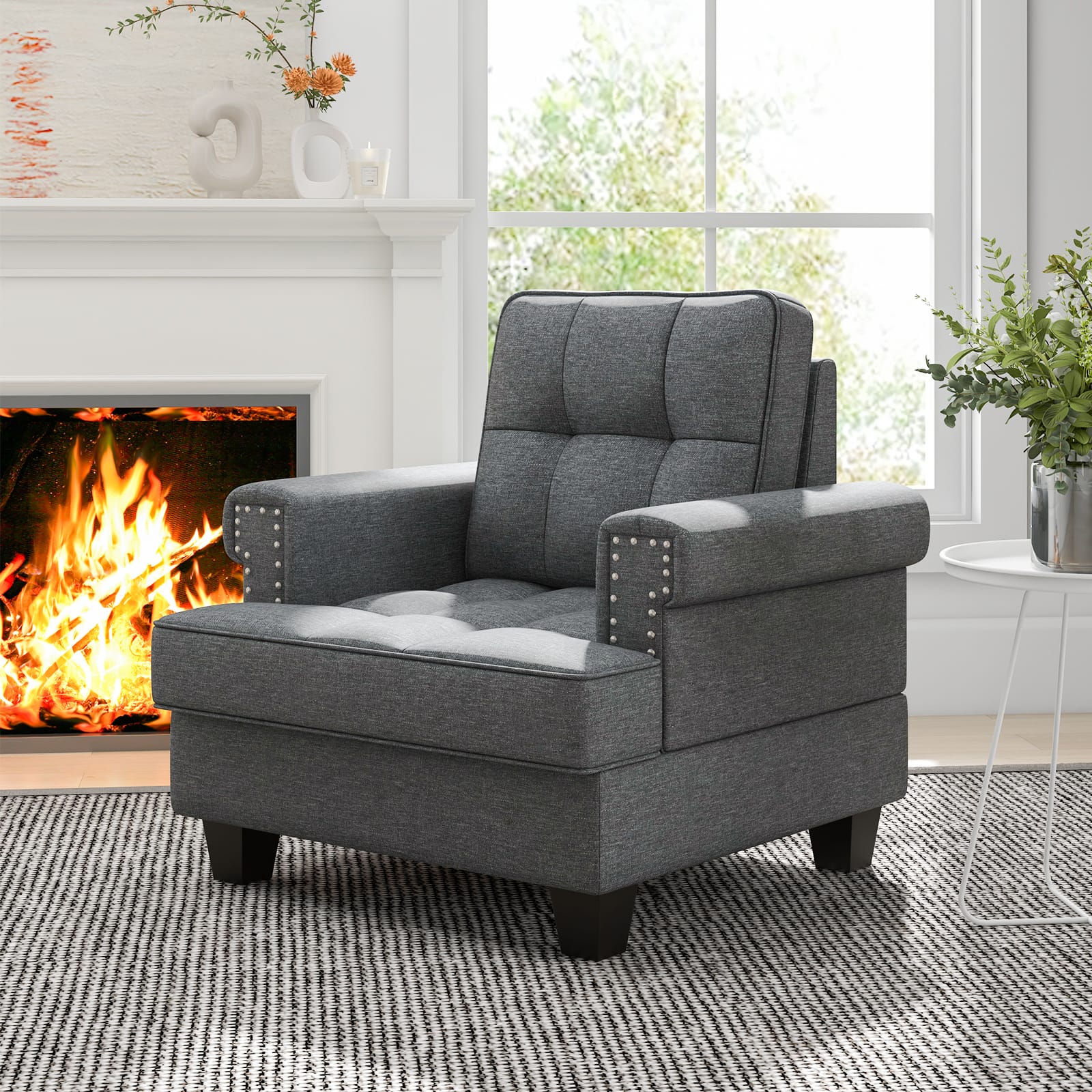 Costway Mid Century Modern Accent Cushion Studded Armchair with Thick Pillow Gray COST00088 Best Buy