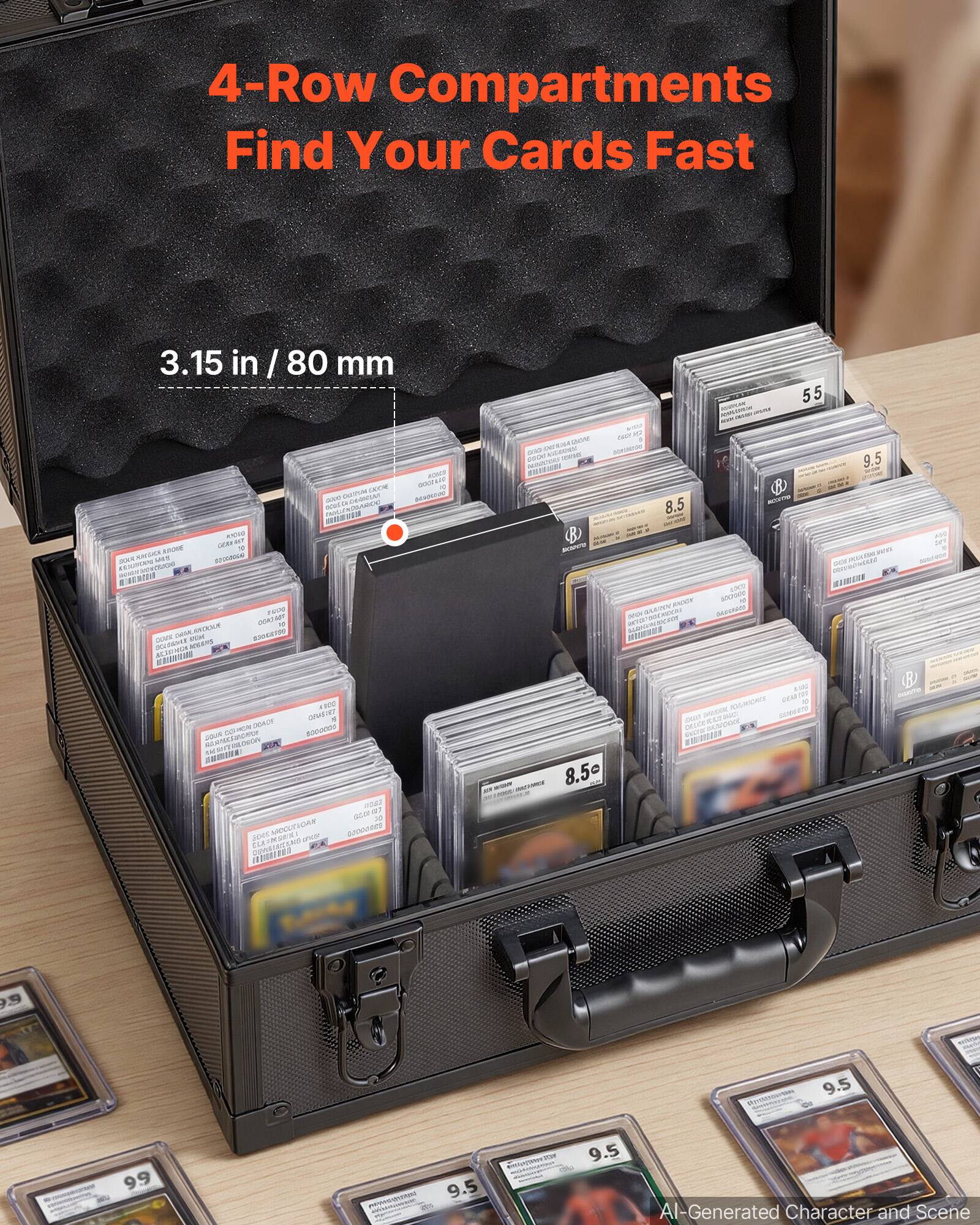 4-Row Compartments Find Your Cards Fast  
3.15 in / 80 mm  
AI-Generated Character and Scene