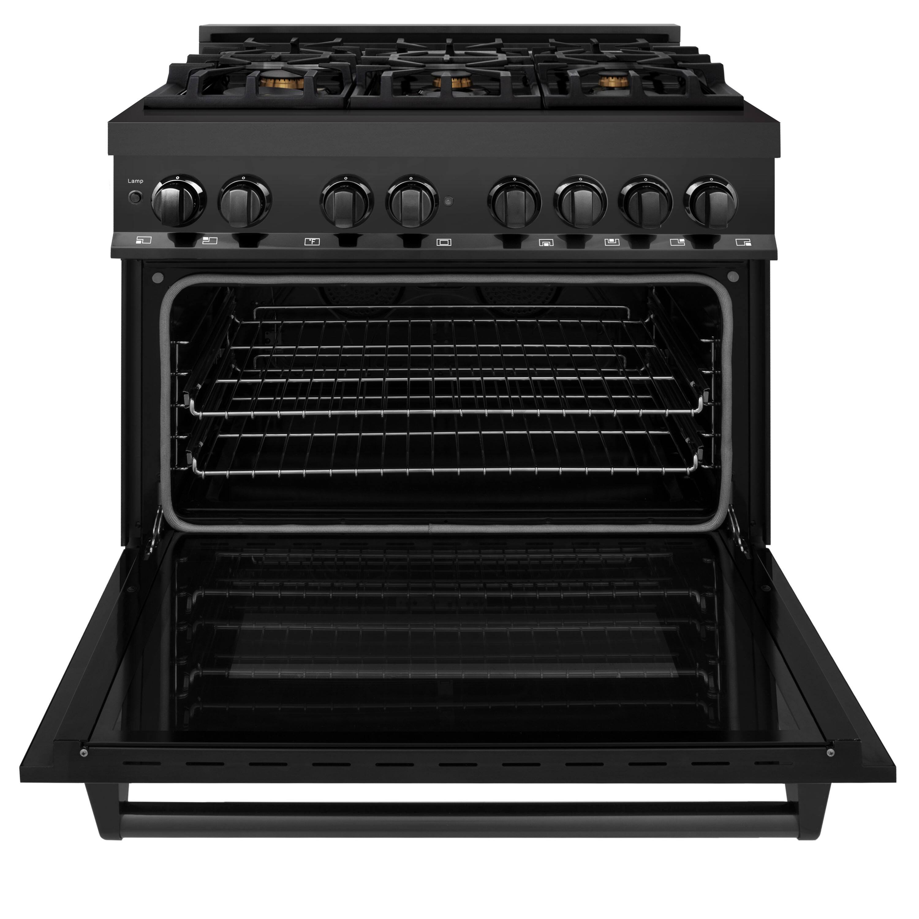 Angle. ZLINE - 36 in. 4.6 cu. ft. Freestanding Legacy Dual Fuel Range with Gas Cooktop in Black Stainless Steel & 6 Brass Burners - Black Stainless Steel.