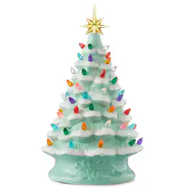 Casafield - 15-in Hand Painted Ceramic Christmas Tree - Pre-Lit Tree with Star - Seafoam Snow Flocked