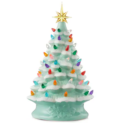 Front. Casafield - 15-in Hand Painted Ceramic Christmas Tree - Pre-Lit Tree with Star - Seafoam Snow Flocked.