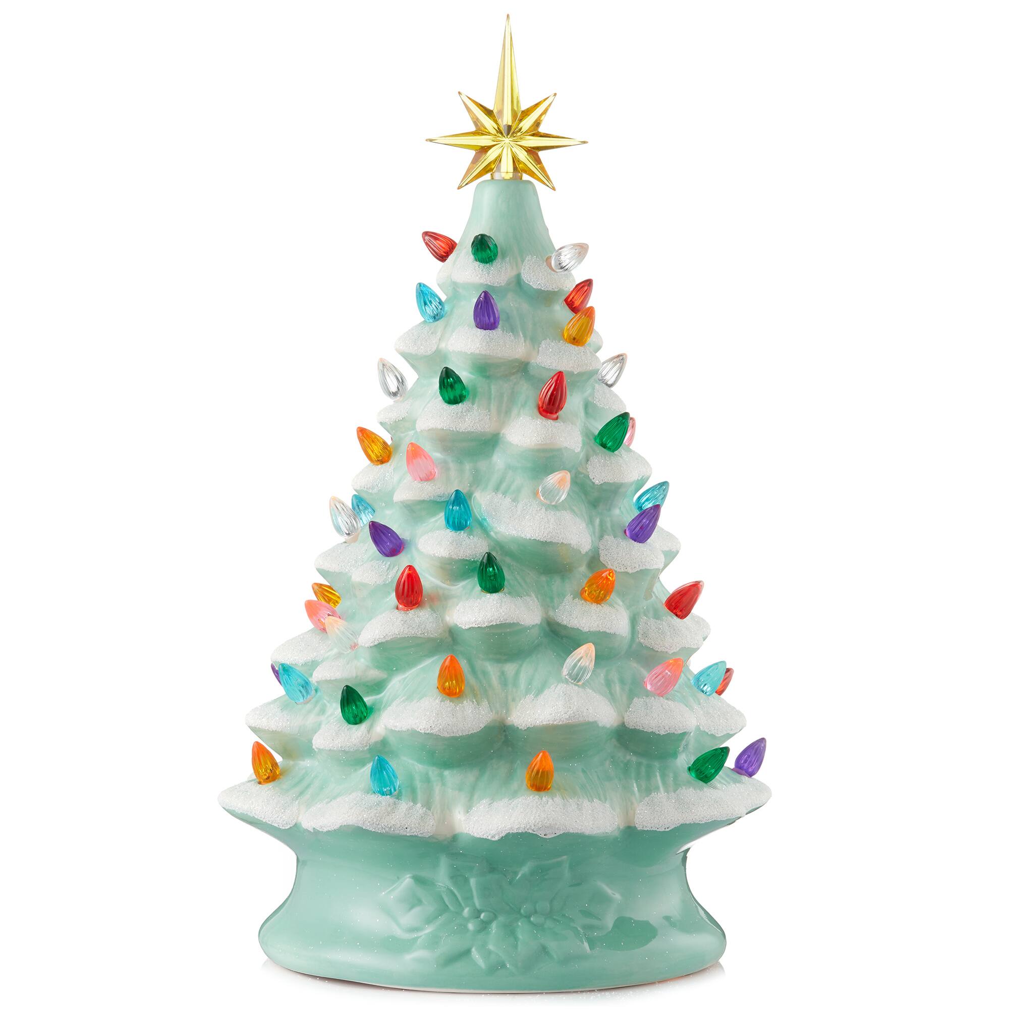 Front. Casafield - 15-in Hand Painted Ceramic Christmas Tree - Pre-Lit Tree with Star - Seafoam Snow Flocked.