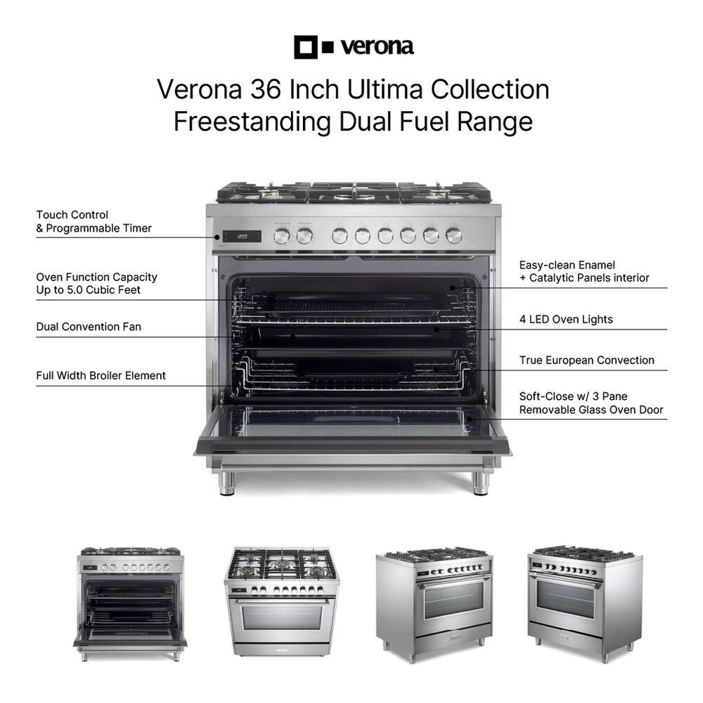 Verona 36 Inch Ultima Collection Freestanding Dual Fuel Range Touch Control & Programmable Timer - Oven Function Capacity Up to 5.0 Cubic Feet Easy-clean Enamel + Catalytic Panels interior Dual Convention Fan 4 LED Oven Lights Full Width Broiler Element True European Convection Soft-Close w/ 3 Pane Removable Glass Oven Door