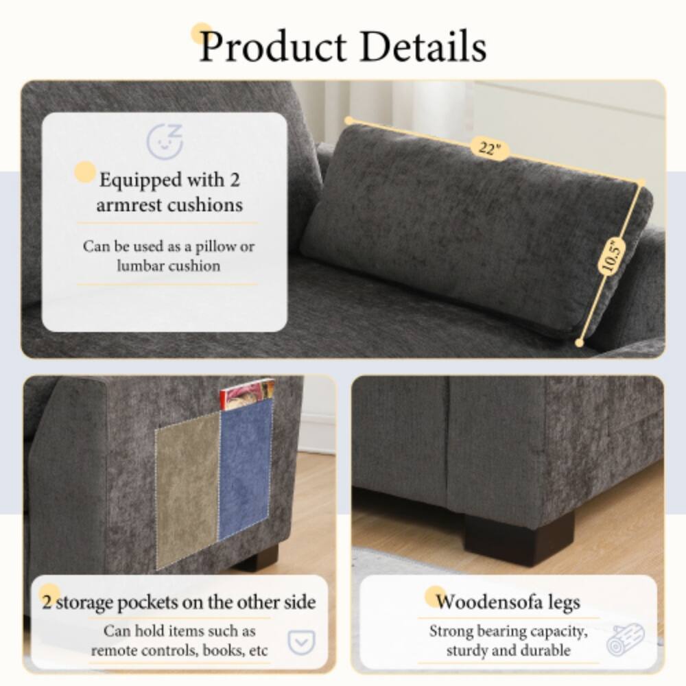 Product Details

- Equipped with 2 armrest cushions
- Can be used as a pillow or lumbar cushion
- 22" x 10.5"
- 2 storage pockets on the other side
- Can hold items such as remote controls, books, etc
- Wooden sofa legs
- Strong bearing capacity, sturdy and durable