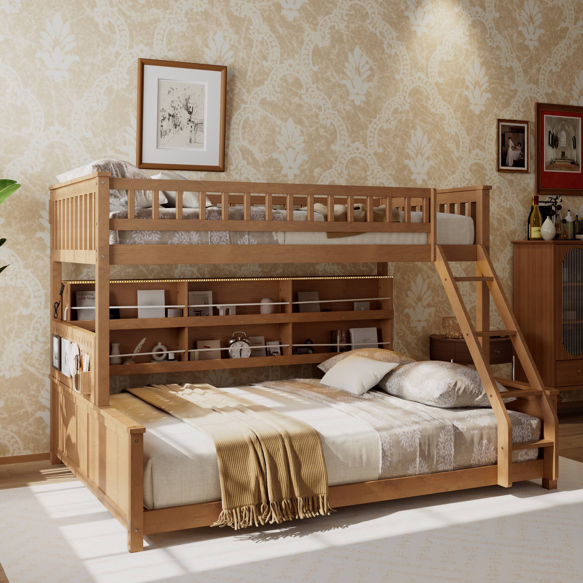 Angle. Anysun - Twin XL over Queen Bunk Bed with Integrated Shelving, Color-Changing Lights and Pegboard - Brown.