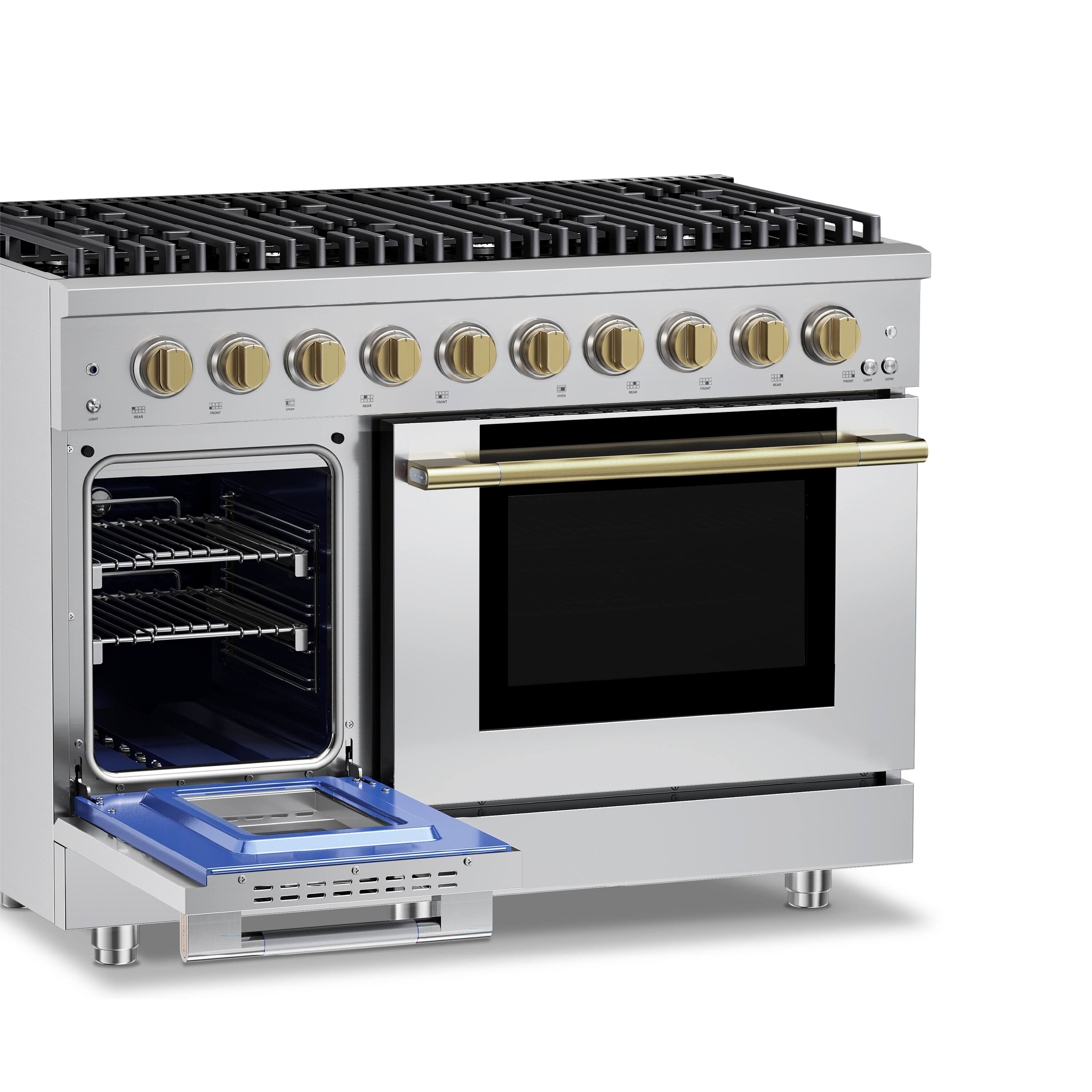 Alt View 3. Hauslane - HausPro 48 in. 8 Burners Gas Range in Satin Brass with 20,000 BTU and Double Oven with 5 Rack Positions - Satin Brass.