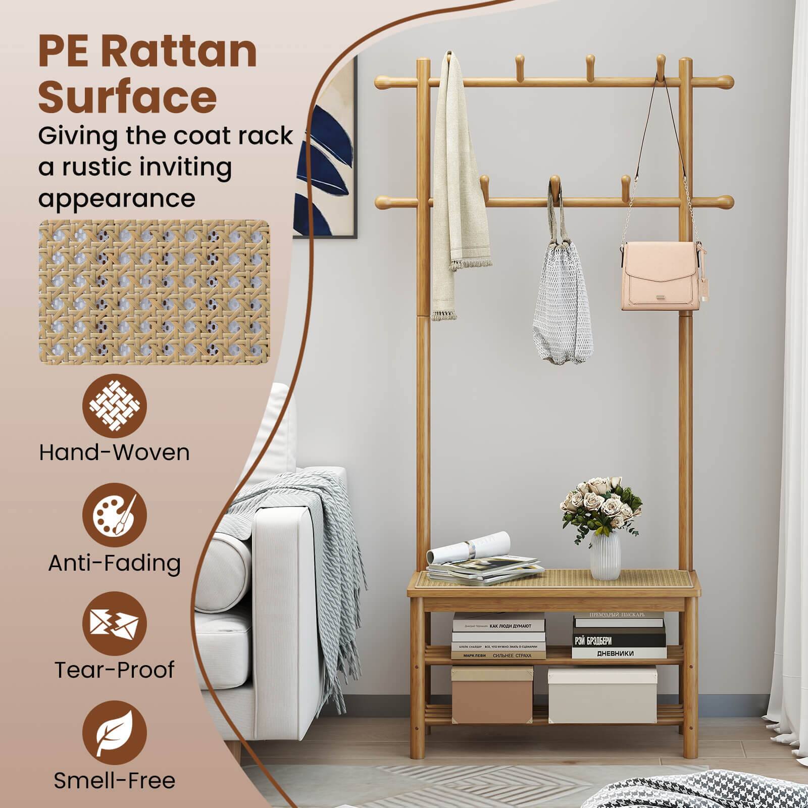 PE Rattan Surface  
Giving the coat rack a rustic inviting appearance  

- Hand-Woven  
- Anti-Fading  
- Tear-Proof  
- Smell-Free