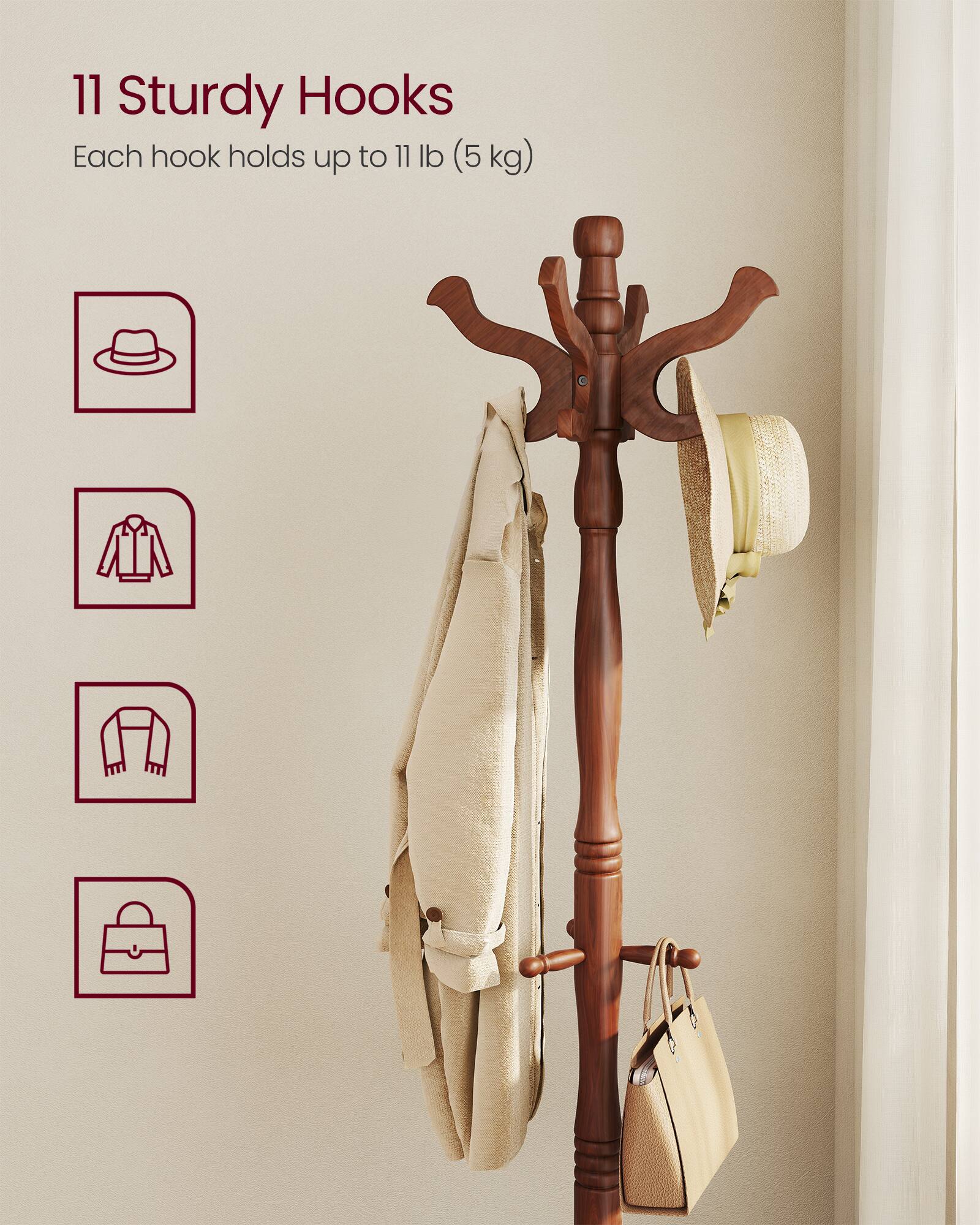 11 Sturdy Hooks  
Each hook holds up to 11 lb (5 kg)