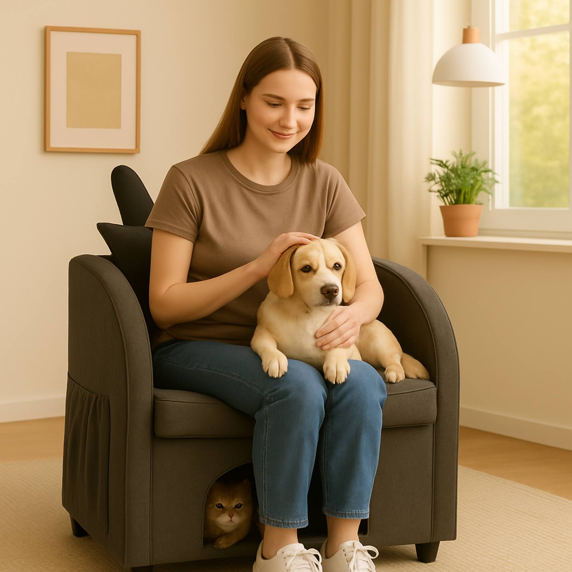 Back. GOODSILO - Pet-Friendly Bunny-Ear Armchair with Hidden Pet Compartment and Scratch-Resistant Upholstery for Cats and Small Dogs - Dark Gray.