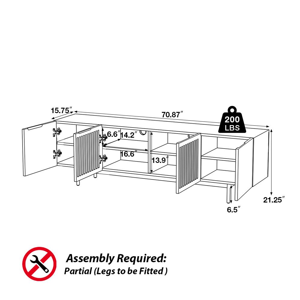 15.75"  
6.6"  
14.2"  
70.87"  
200 LBS  
16.6"  
13.9"  
6.5"  
21.25"  

Assembly Required: Partial (Legs to be Fitted)