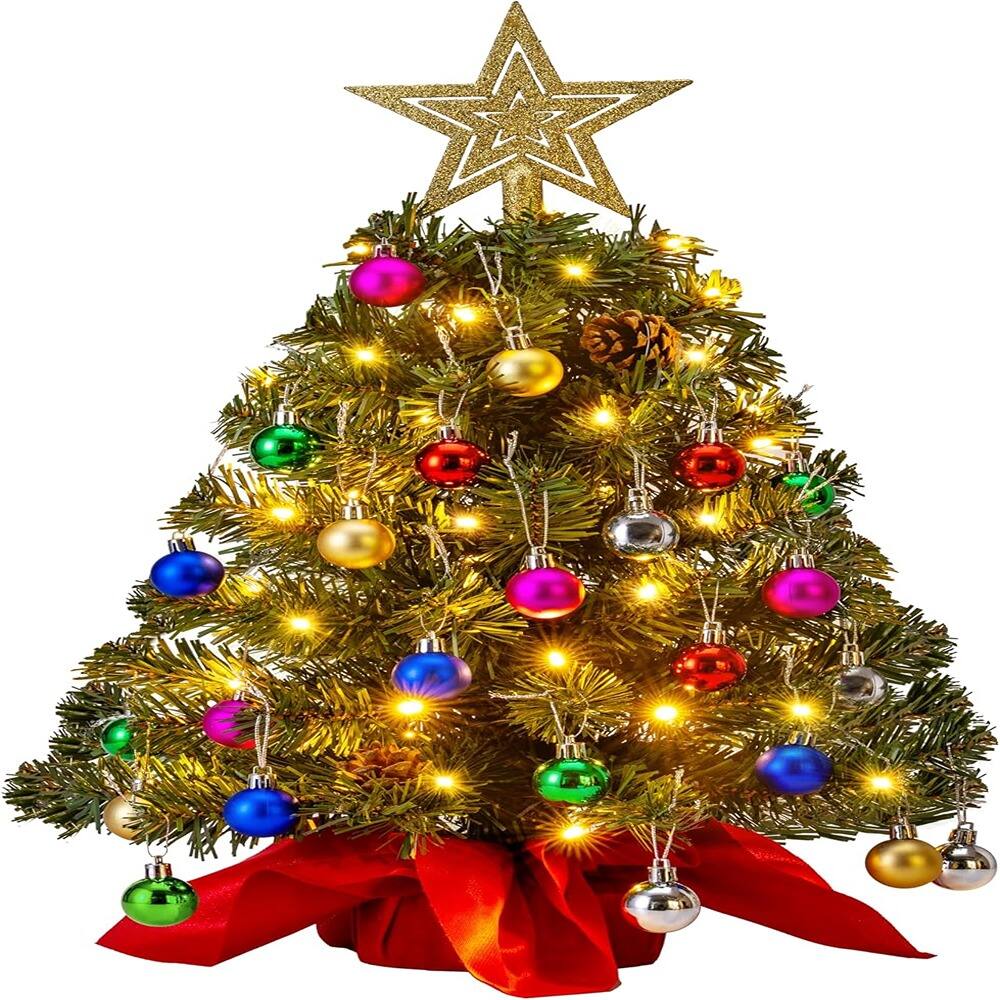 Front. RTMB - 24" Prelit Tabletop Christmas Tree w/ Warm Lights & Pine Cones, Green - Red, Style: Tree with Pine Cones.