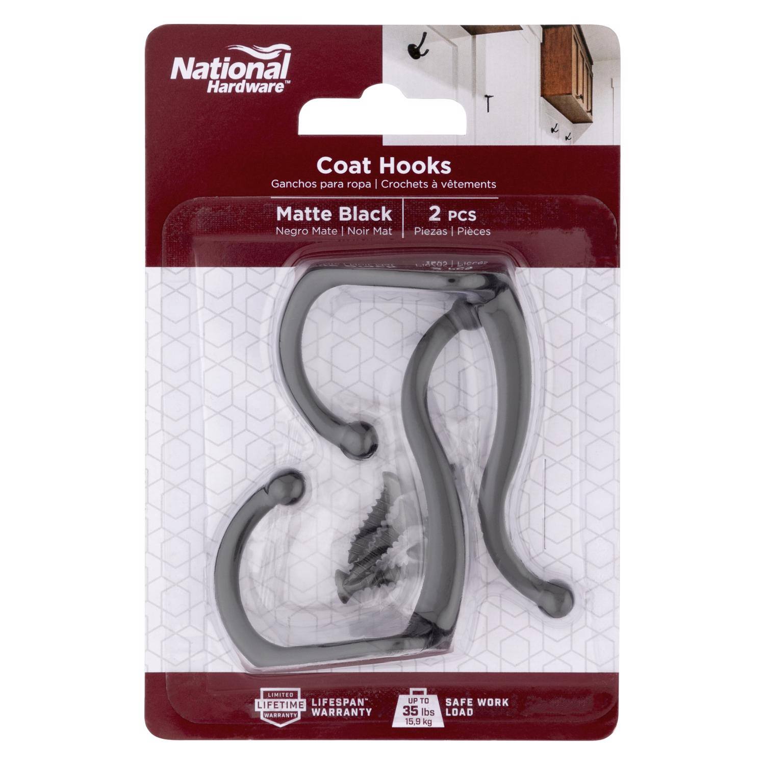 National Hardware  
Coat Hooks  
Ganchos para ropa | Crochets à vêtements  
Matte Black 2 PCS  
Negro Mate | Noir Mat  
Piezas | Pièces  

LIMITED LIFETIME LIFESPAN WARRANTY  
UP TO SAFE WORK 35 lbs LOAD 15.9 kg