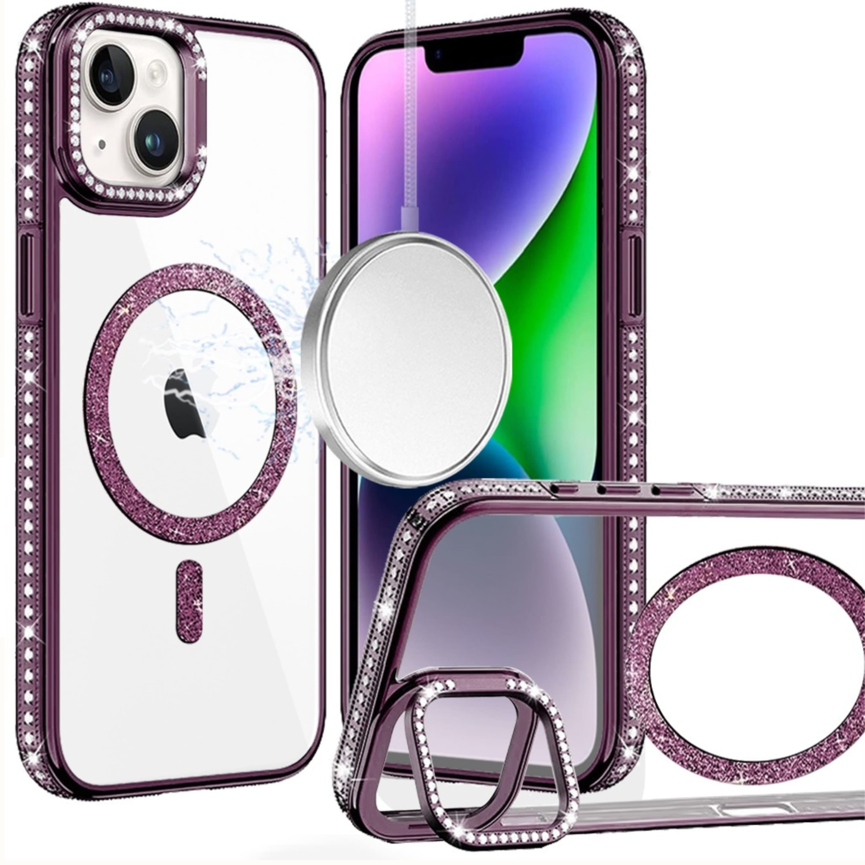 Kitcheniva - Diamond Bling Magnetic Ring Stand Case With Tempered Glass For iPhone 13 14 Dark - Purple price history on PriceWatchPro