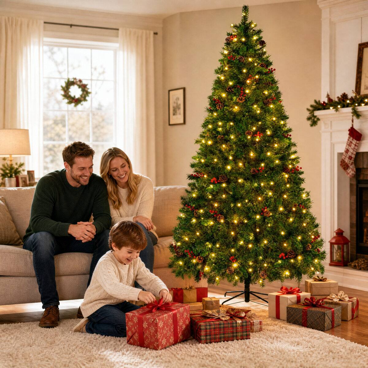 Angle. Firstness - 7.5FT Pre-Lit Artificial Christmas Tree, 1308 Tips Full Green Pine with 400 LED 11 Modes - Green.