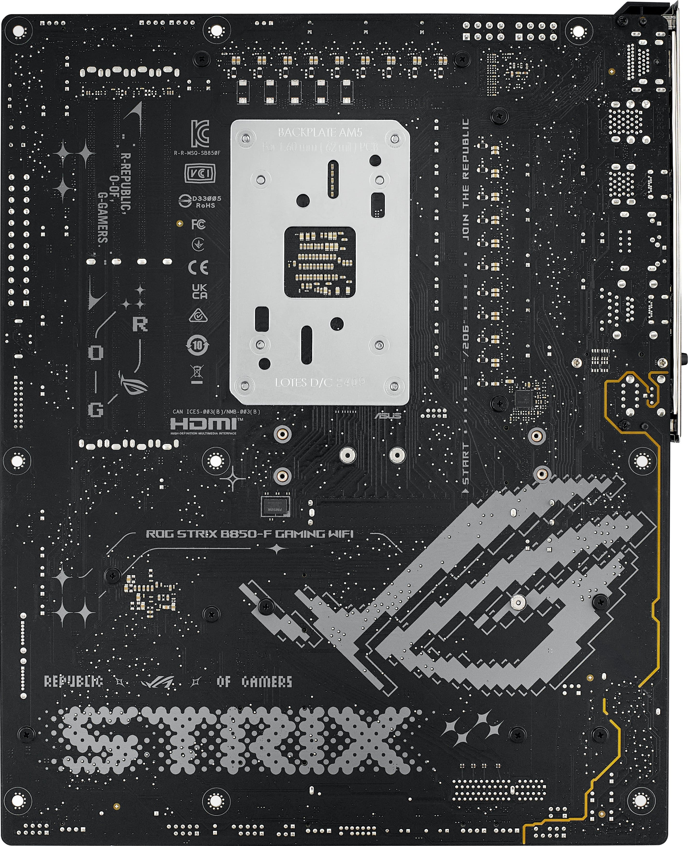 Republic of Gamers is a brand that specializes in high-quality gaming products, including computer components and peripherals. The image shows a close-up of a computer motherboard, which is a crucial component of a computer system. The motherboard is designed by Republic of Gamers and features a backplate, which adds a stylish touch to the system. The motherboard is also equipped with WiFi capabilities, making it a convenient choice for users who want to enjoy wireless connectivity.