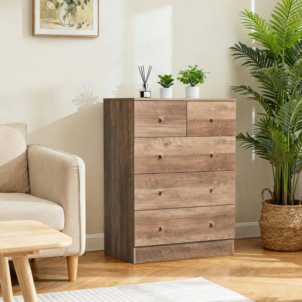 Angle. Kadyn - 5-Drawer Tall Dresser, 3+2 Storage Cabinet with Matte Gold Pulls, Linen Texture - Gray - Gray.