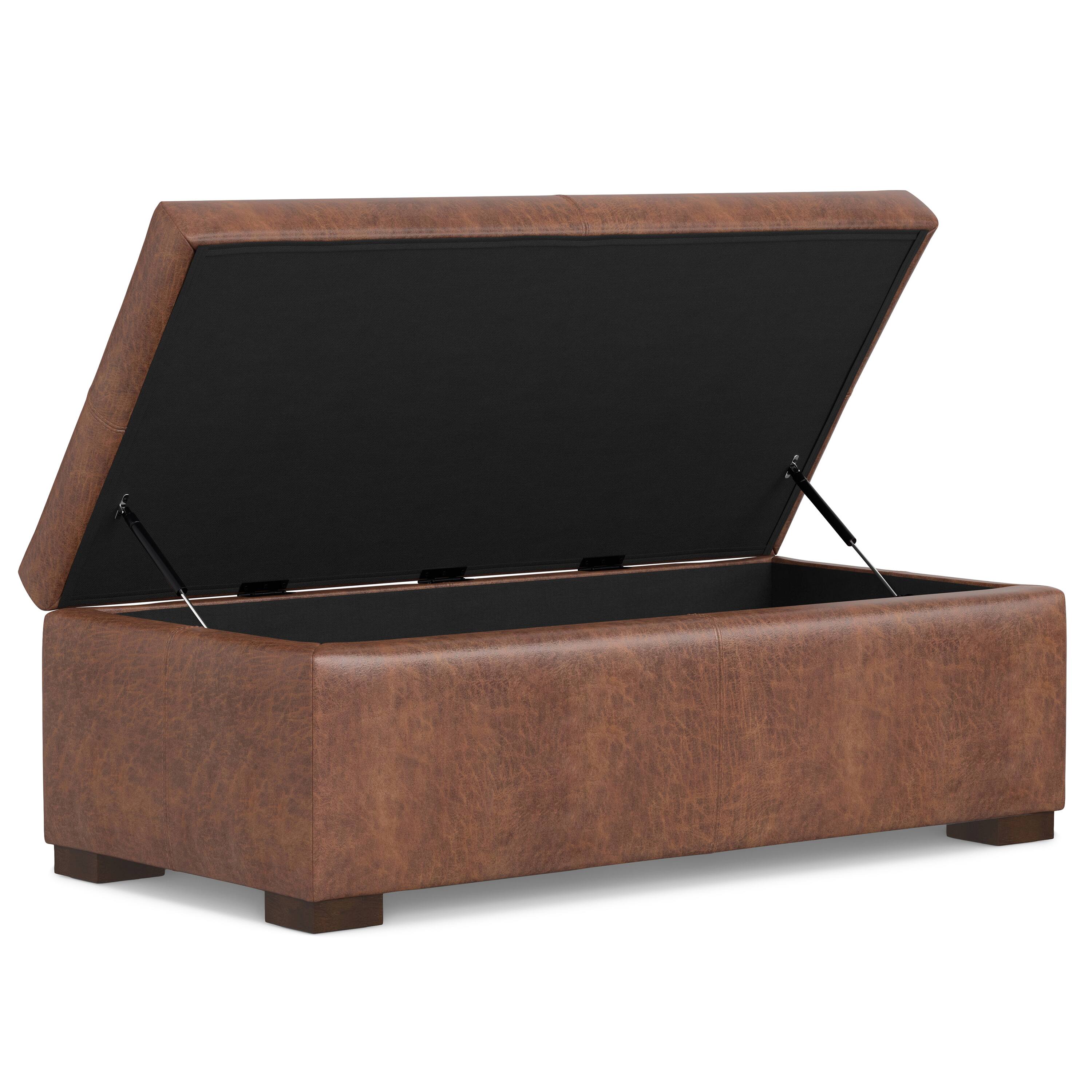 Back. Simpli Home - Gabbie 48 inch Wide Rectangular Storage Ottoman in Distressed Saddle Brown Vegan Leather - Distressed Saddle Brown.