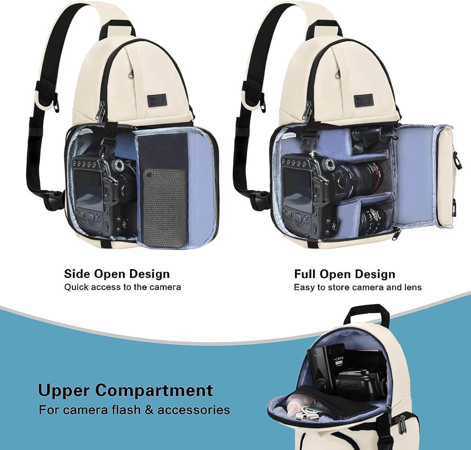 - Side Open Design
  - Quick access to the camera

- Full Open Design
  - Easy to store camera and lens

- Upper Compartment
  - For camera flash & accessories
