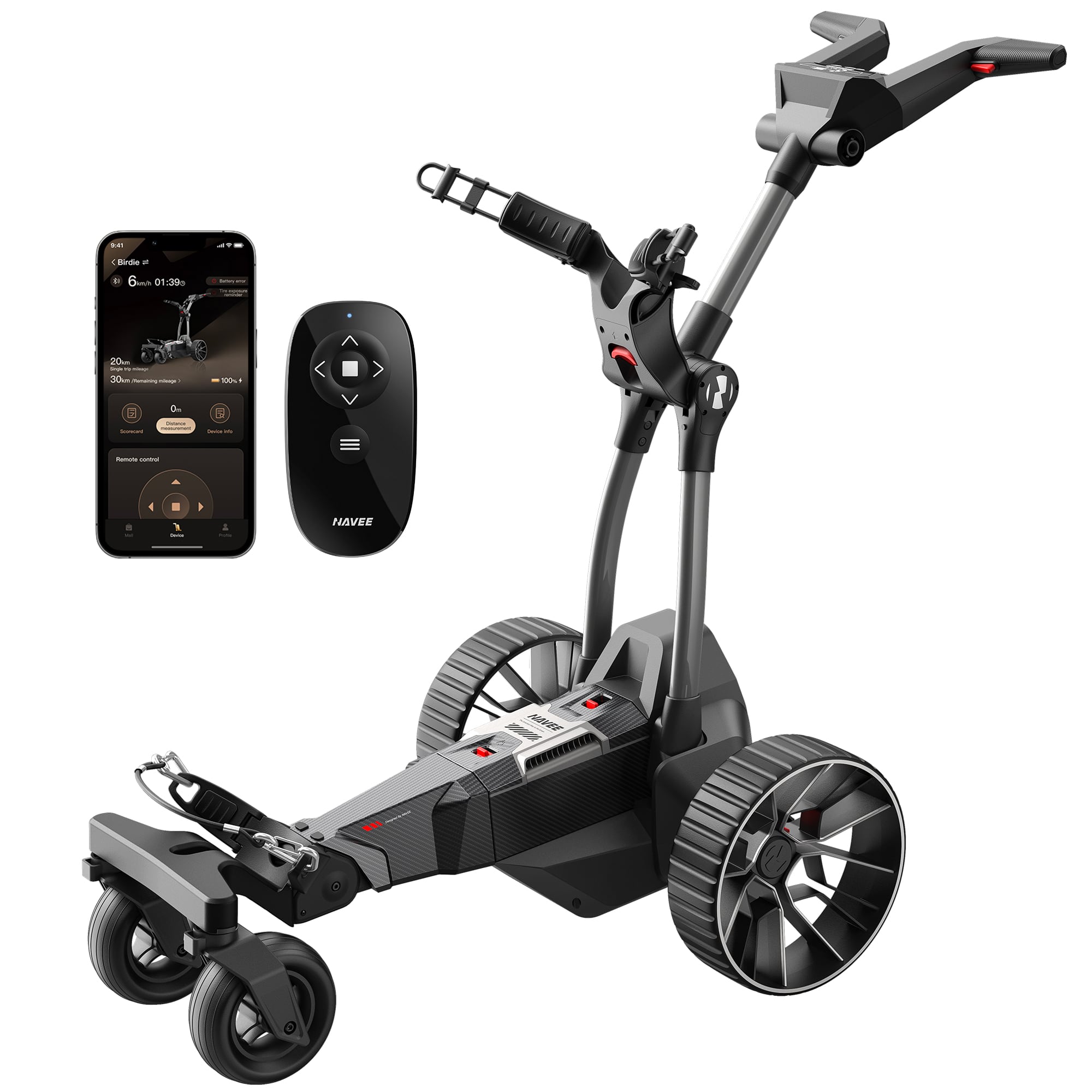 NAVEE - Birdie 3X Electric Golf Cart with Follow Me, 36 Hole Max Range, Dual Motor Assist, Remote, Foldable - Black