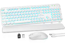PRIMEPLUS - Wireless Keyboard & Mouse, Round Keycaps, Magnetic Wrist Rest, Retro Typewriter, 2.4G, Auto Sleep, Purple, Mac/Windows - Glowing White