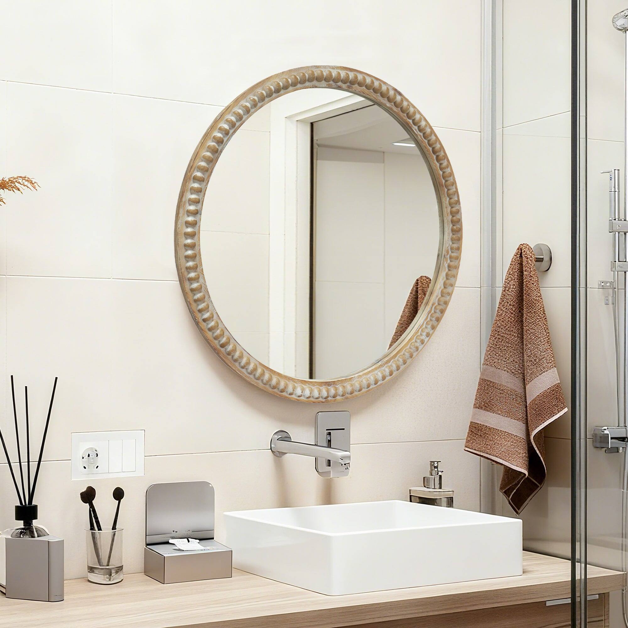 Alt View 5. BreeBe - 23.62 in Round Decorative Wall Mirror Distressed Wood Beaded Frame for Entryway Living Room Bathroom Farmhouse Style - Natural Wood.