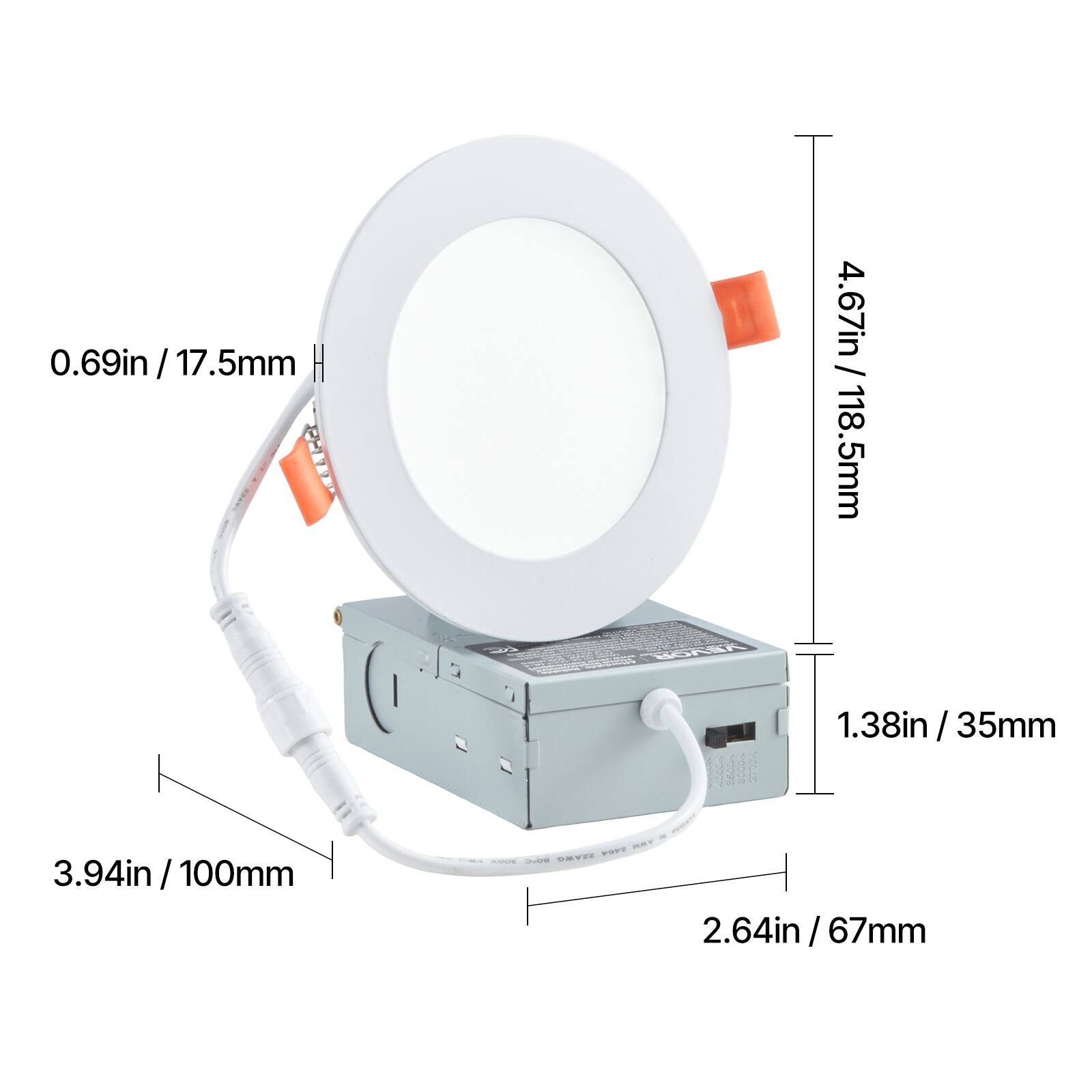 0.69in / 17.5mm  
H 4.67in / 118.5mm  
1.38in / 35mm  
3.94in / 100mm  
2.64in / 67mm