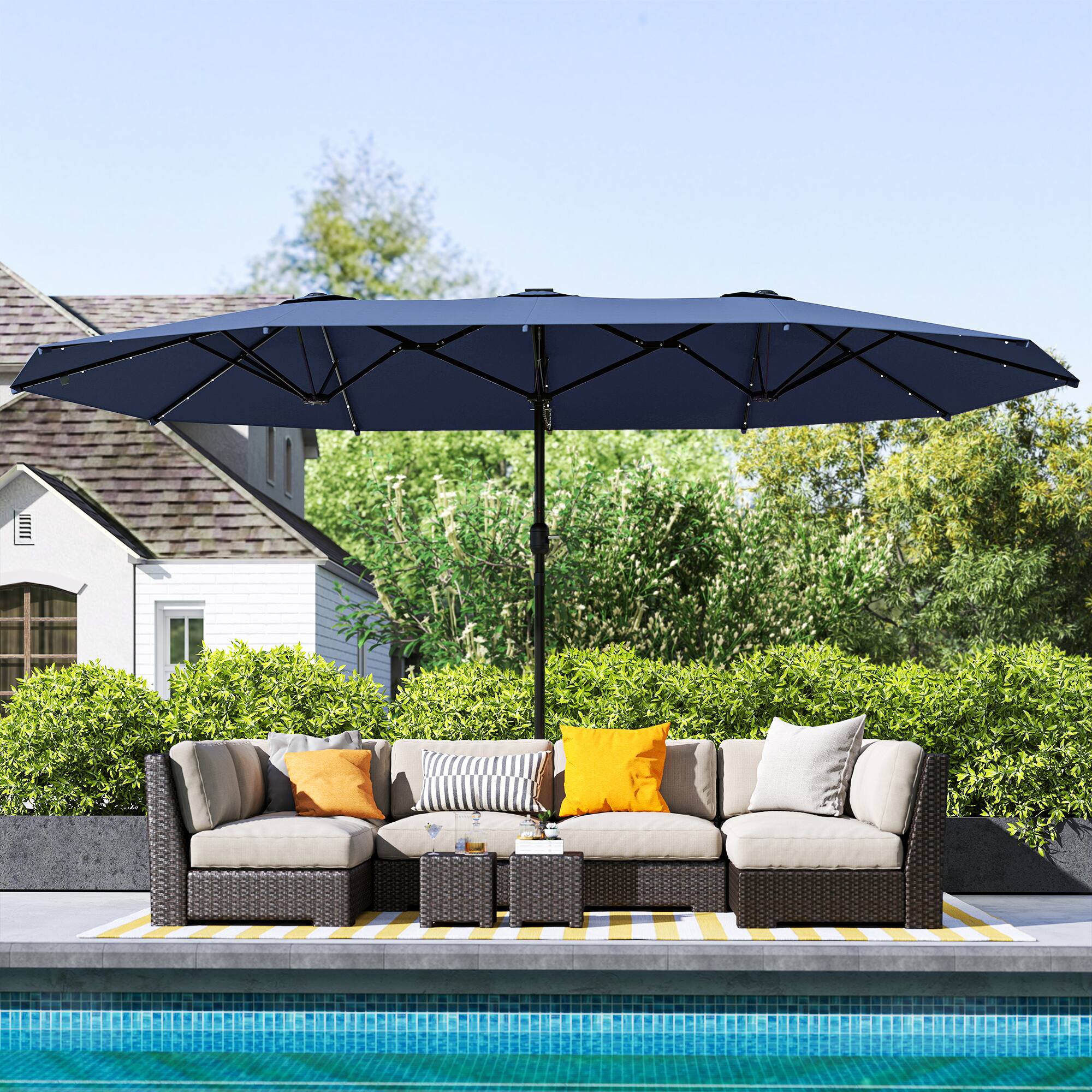 Alt View 8. Outsunny - Parasol 14.4ft Double-Sided Sun Umbrella with Base, Patio Parasol with LED Solar Lights - Navy Blue.