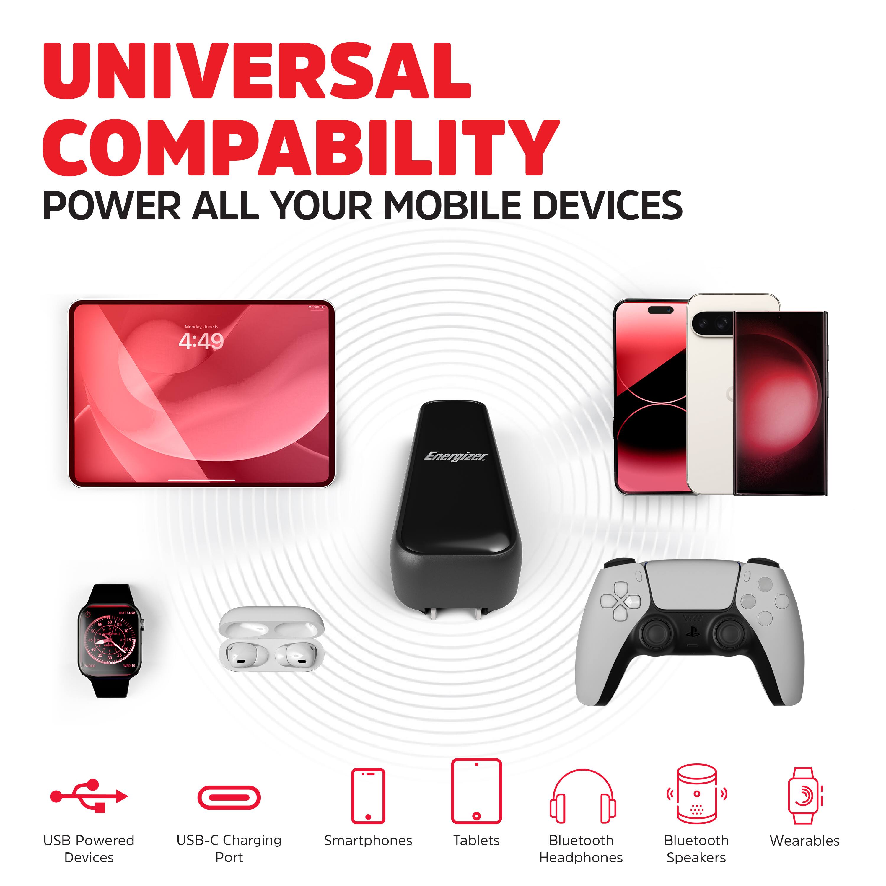 UNIVERSAL COMPATIBILITY  
POWER ALL YOUR MOBILE DEVICES  

- USB Powered Devices  
- USB-C Charging Port  
- Smartphones  
- Tablets  
- Bluetooth Headphones  
- Bluetooth Speakers  
- Wearables